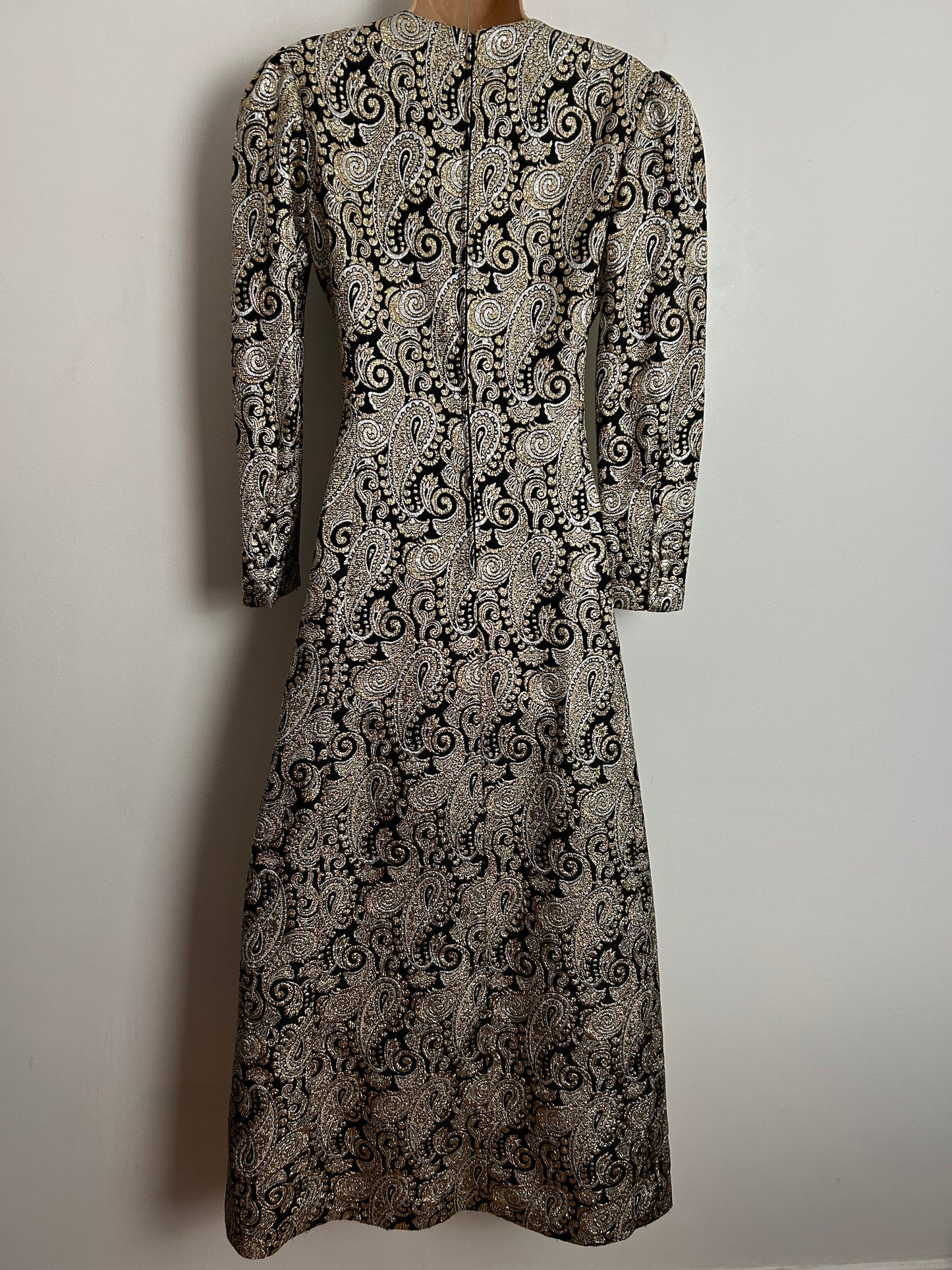 Vintage 1960s UK Size 8 Black Gold & Silver Metallic Lurex Brocade Occasion Evening Maxi Dress