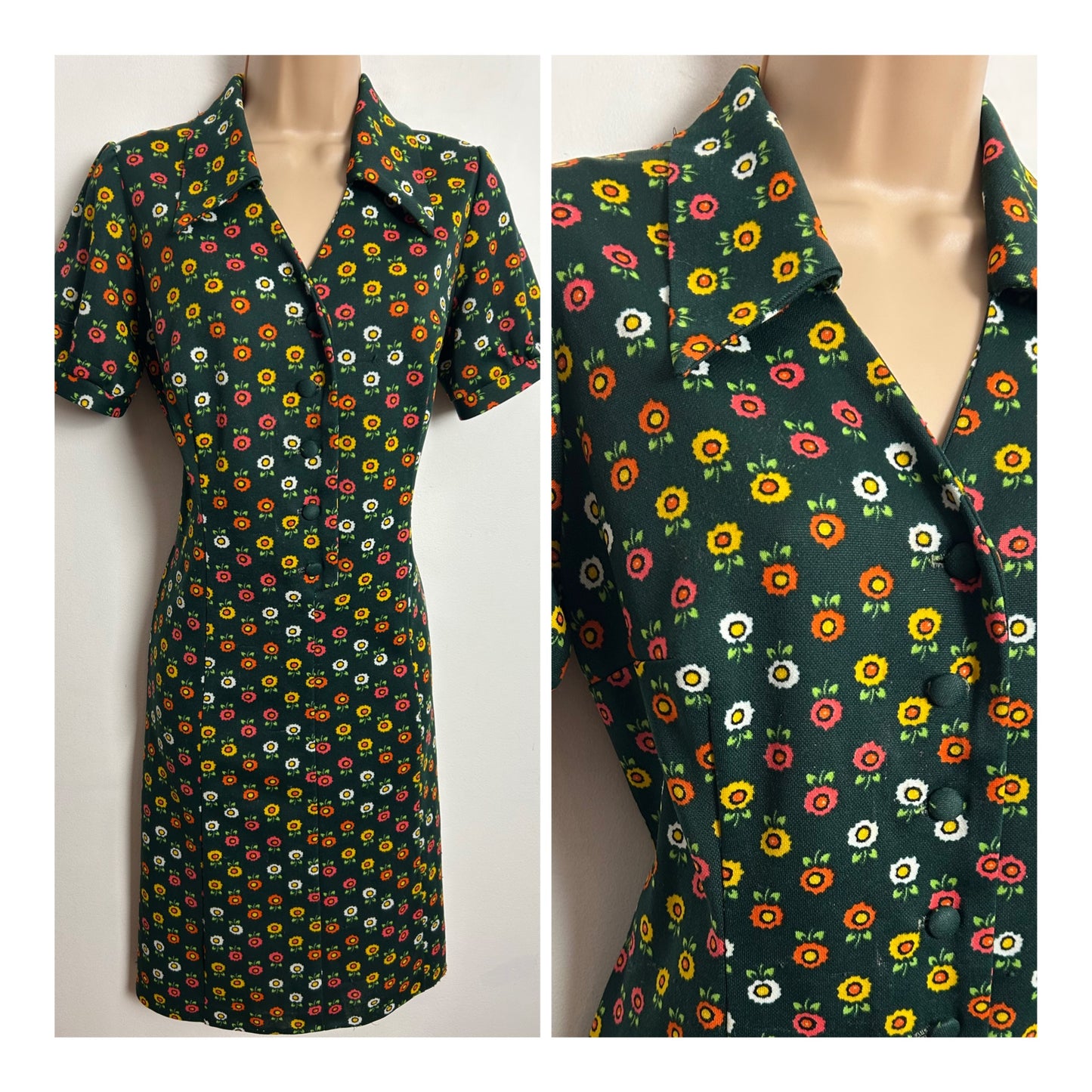 Vintage 1970s UK Size 12-14 Dark Green Orange Yellow & White Floral Print Short Sleeve Mod Dress