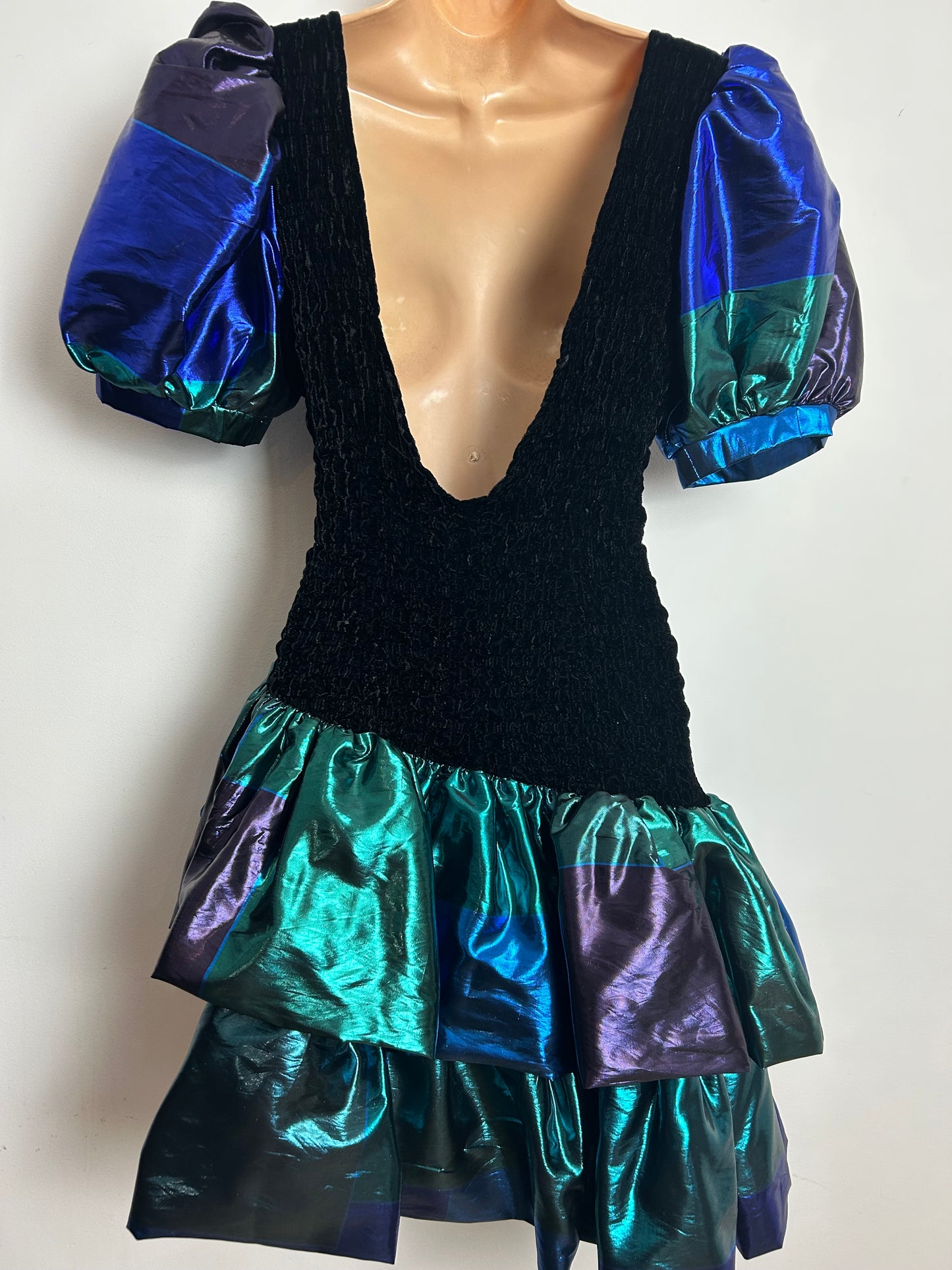 Vintage 1980s CHOU CHOU Size 10-12 Black Blue Green & Purple Velour & Taffeta Party Prom Dress