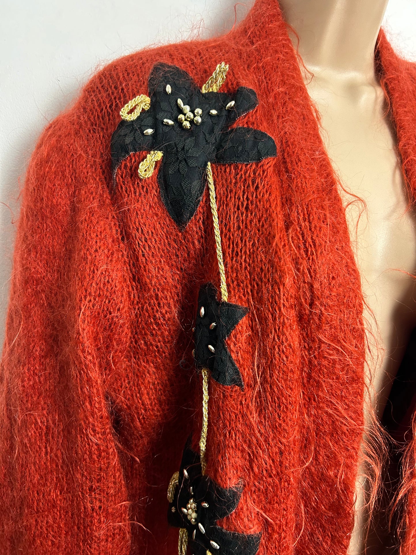 Vintage 1980s One Size Up To Size 16/18 Rusty Orange & Black Floral Applique Mohair Mix Bead Detail Open Fronted Cardigan