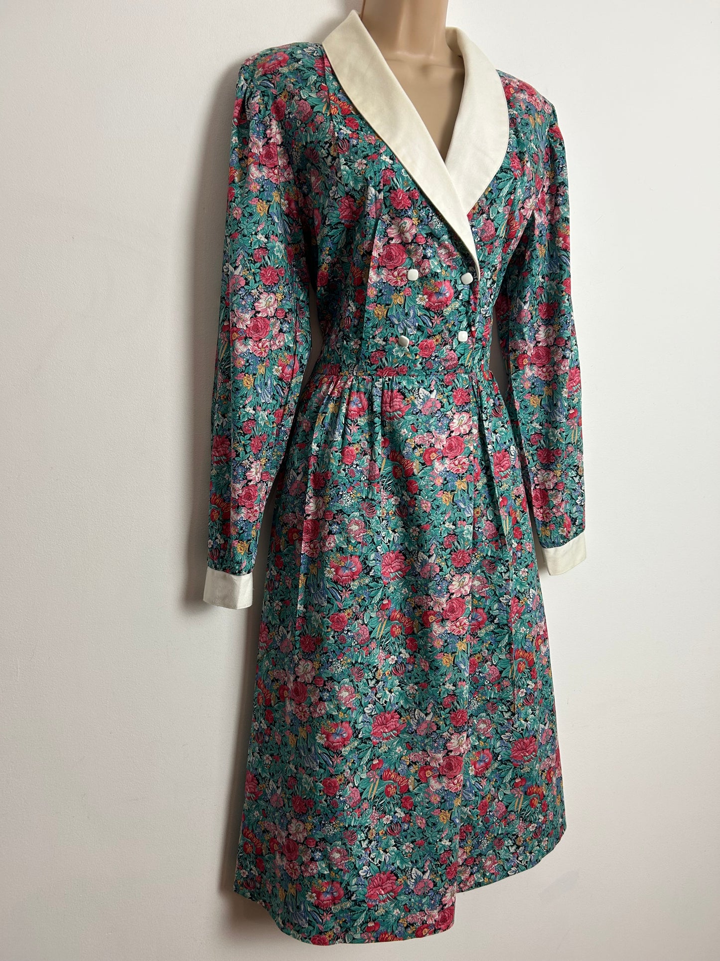 Vintage 1980s MARION DONALDSON UK Size 12 Black Green & Coral Floral LIBERTY Print Mock Wrap Cotton Day Dress
