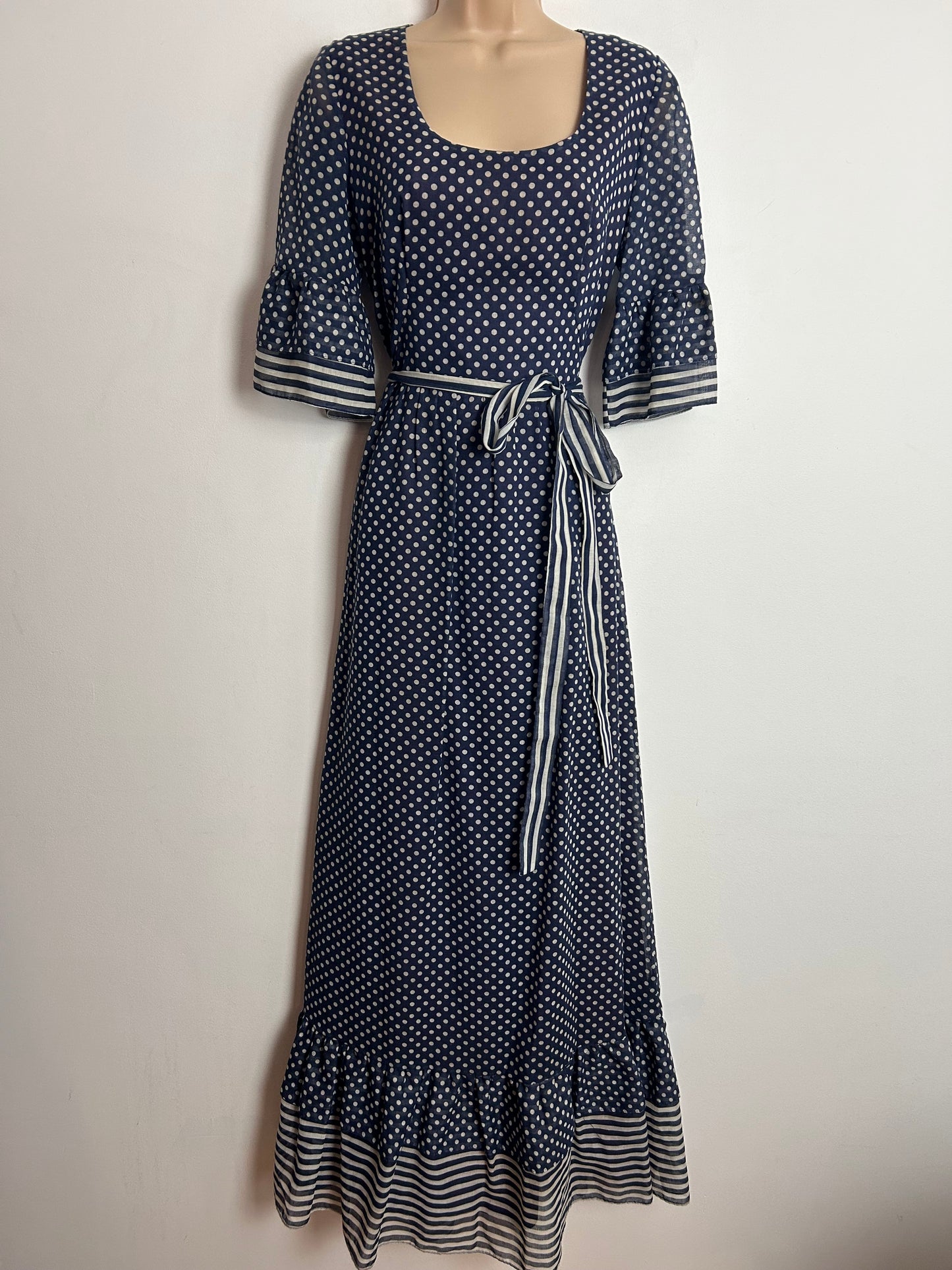 Vintage 1970s KATI At Laura Phillips UK Size 10 Navy Blue & White Polka Dot & Stripe Print Cotton Mix Belted Boho Maxi Dress