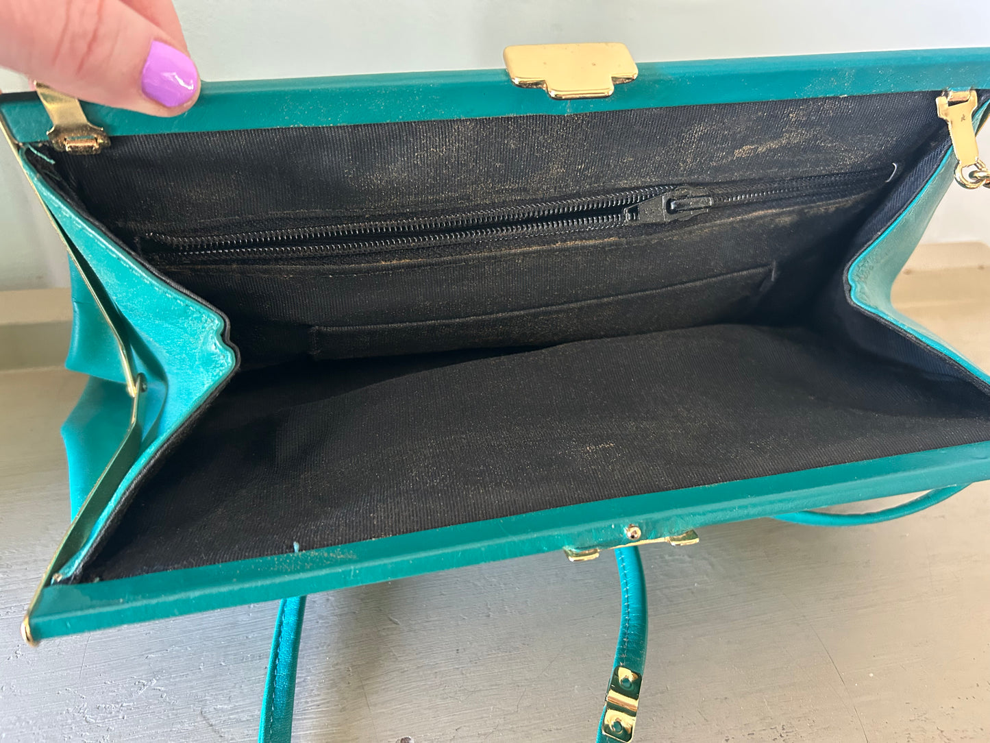 Vintage 1980s Jade Green Faux Leather Stitch Detail Shoulder Or Clutch Bag