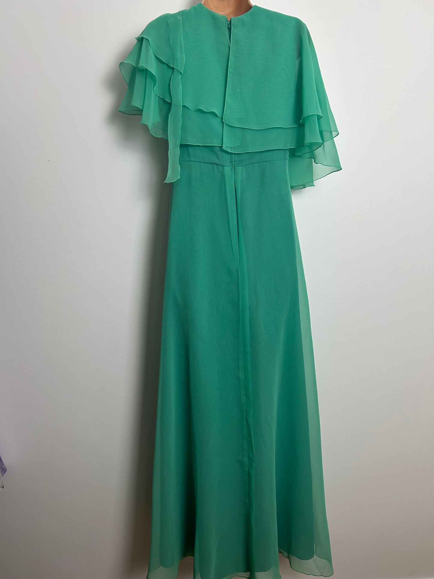 Vintage 1970s JOHN CHARLES Size 8-10 Jade Green Chiffon Layered Bodice Boho Occasion Maxi Dress