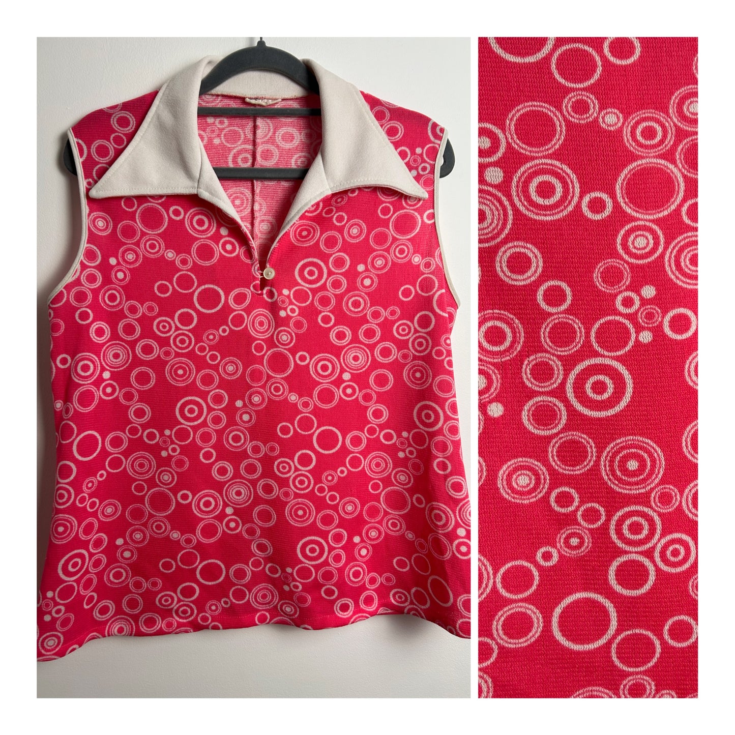 Vintage 1970s Size 10-12 Hot Pink & White Circle Print Wide White Collar Sleeveless Top