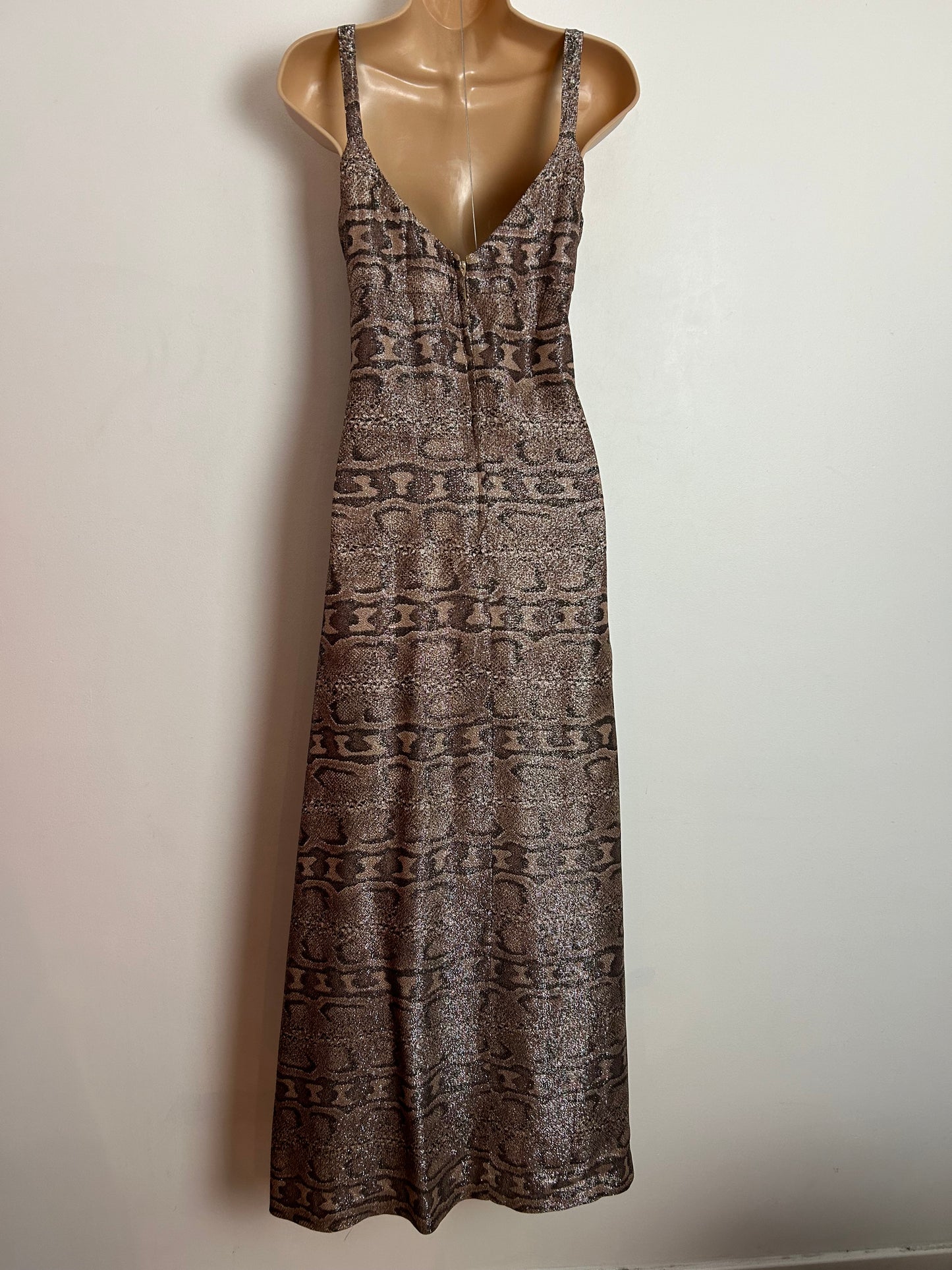 Vintage 1970s JINTYS LONDON UK Size 10 Brown Tones Lurex Animal Print Party Evening Maxi Dress