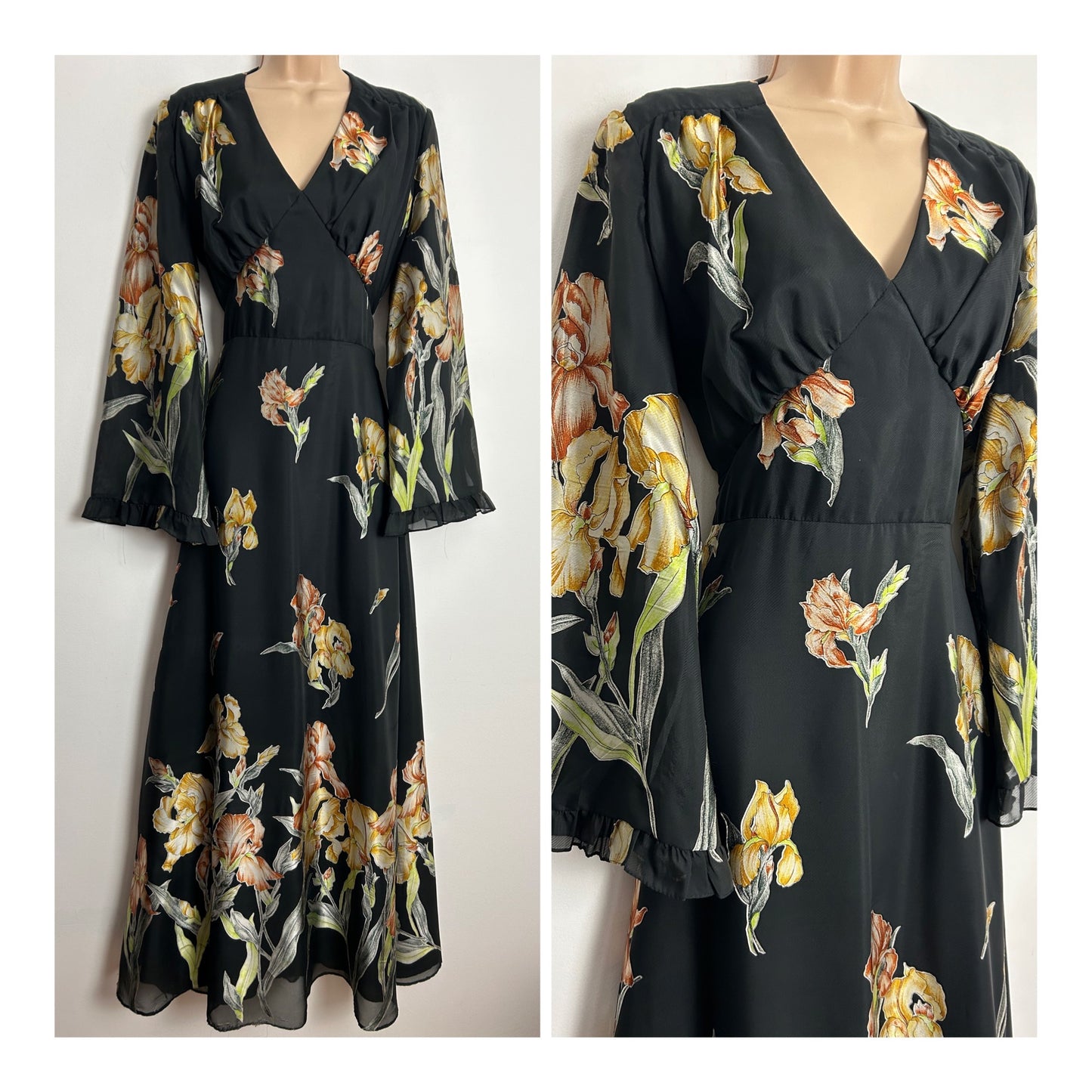 Vintage 1970s VERA MONT PARIS UK Size 10-12 Black Iris Print Long Flared Sleeve Tie Back Boho Maxi Dress
