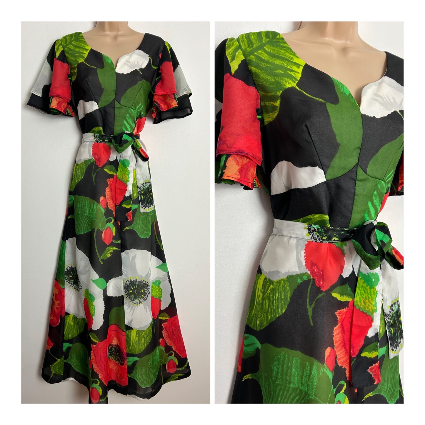 Vintage 1970s UK Size 12 Black Red White & Green Bold Floral Print Short Sleeve Belted Chiffon Maxi Dress