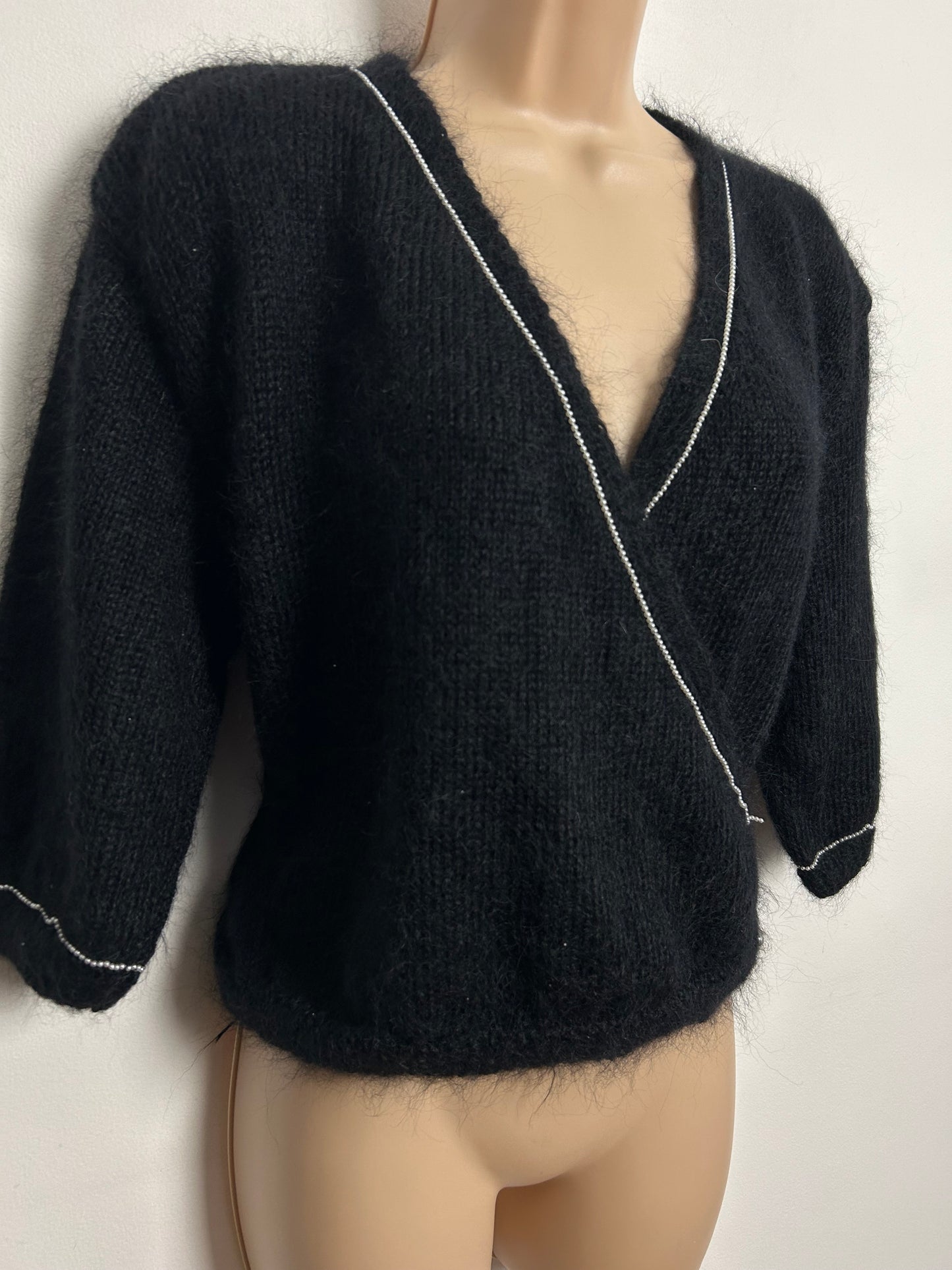 Vintage 1980s Size 12-14 Black Mohair Mix Mock Wrap Bead Detail Jumper