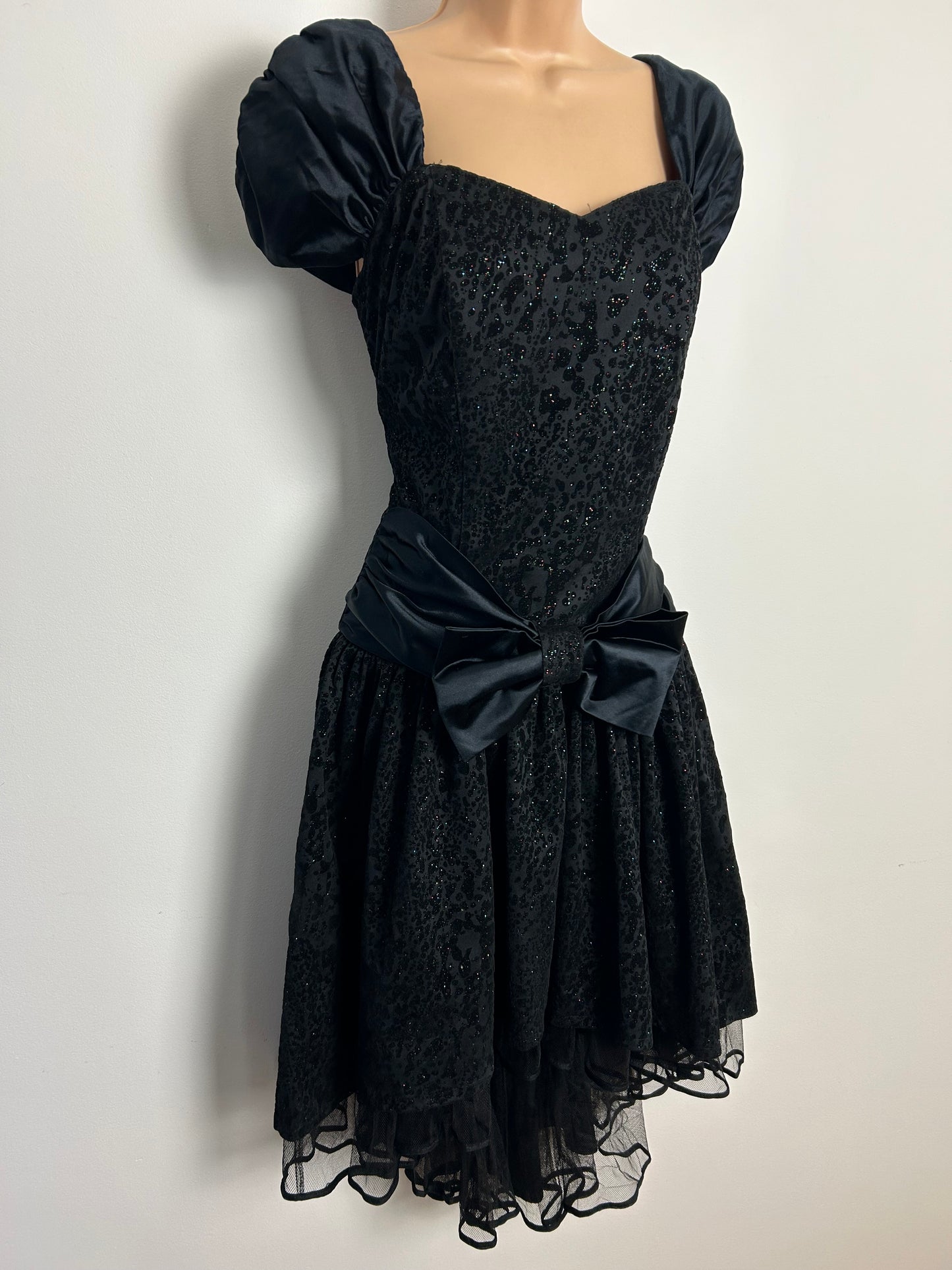 Vintage 1980s Size 12 Black Animal Print Velvet Glitter Flock Bow Detail Party Prom Dress