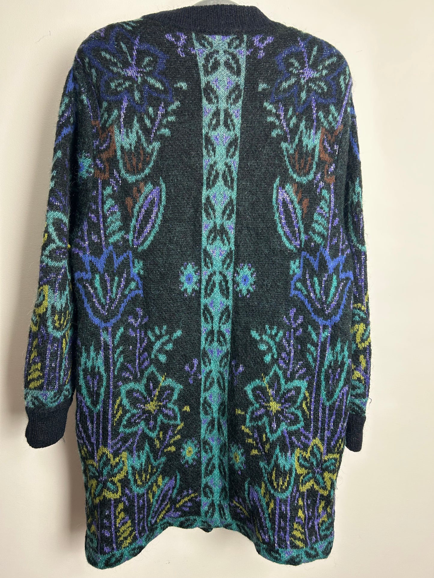 Vintage 1980s Size 12-14 Slouchy Fit Black Green & Blue Wool Mix Long Line Chunky Cardigan