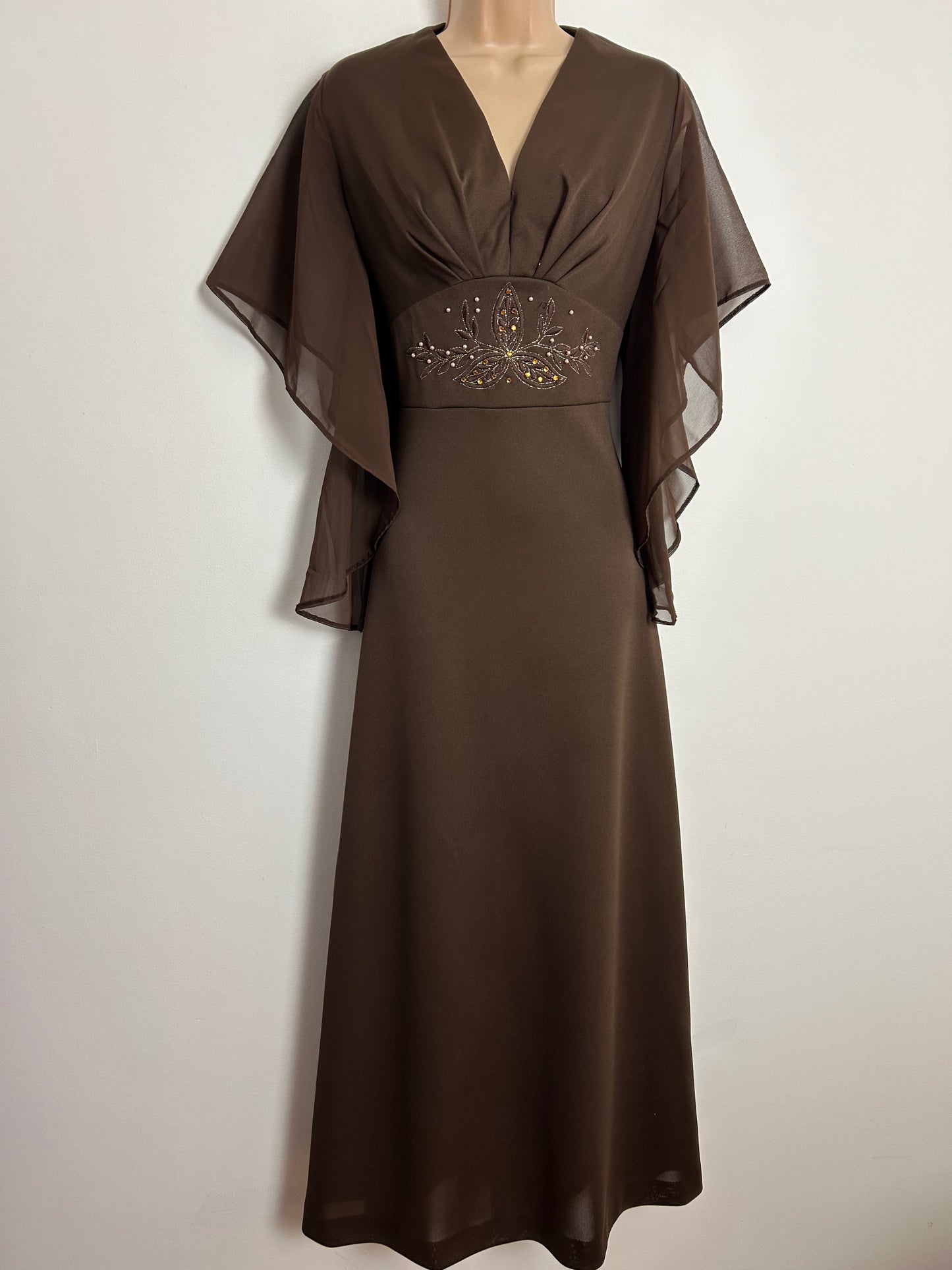 Vintage 1970s UK Size 12 Chocolate Brown Chiffon Flared Sleeve Stitch Bead & Diamante Embellished Occasion Maxi Dress