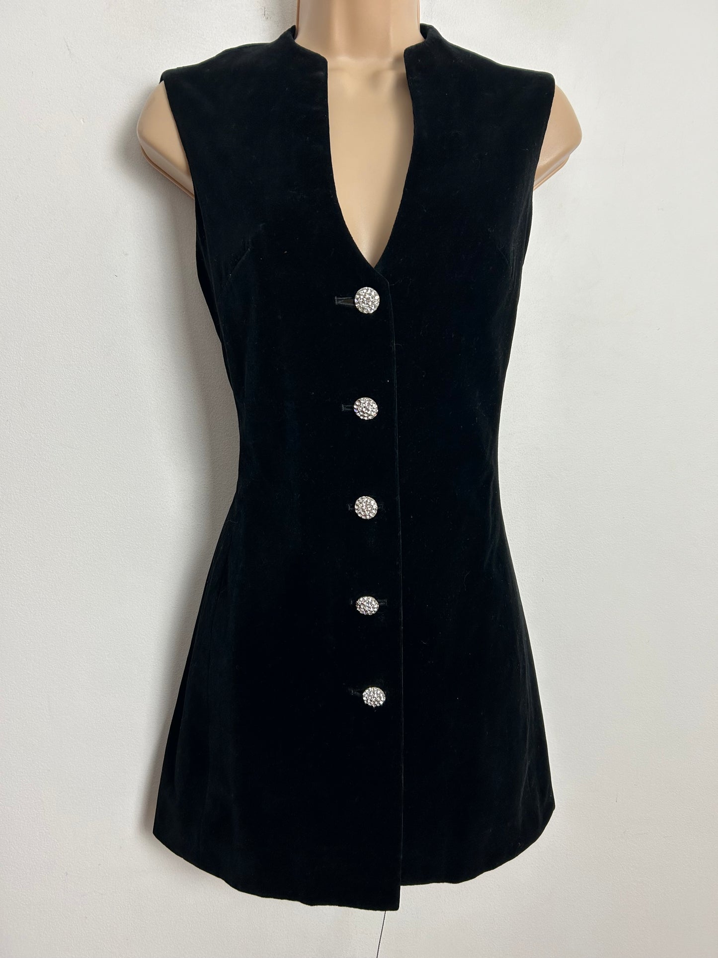 Vintage 1960s UK Size 8-10 Black Velvet Sleeveless Diamante Button Mini Mod Shift Dress