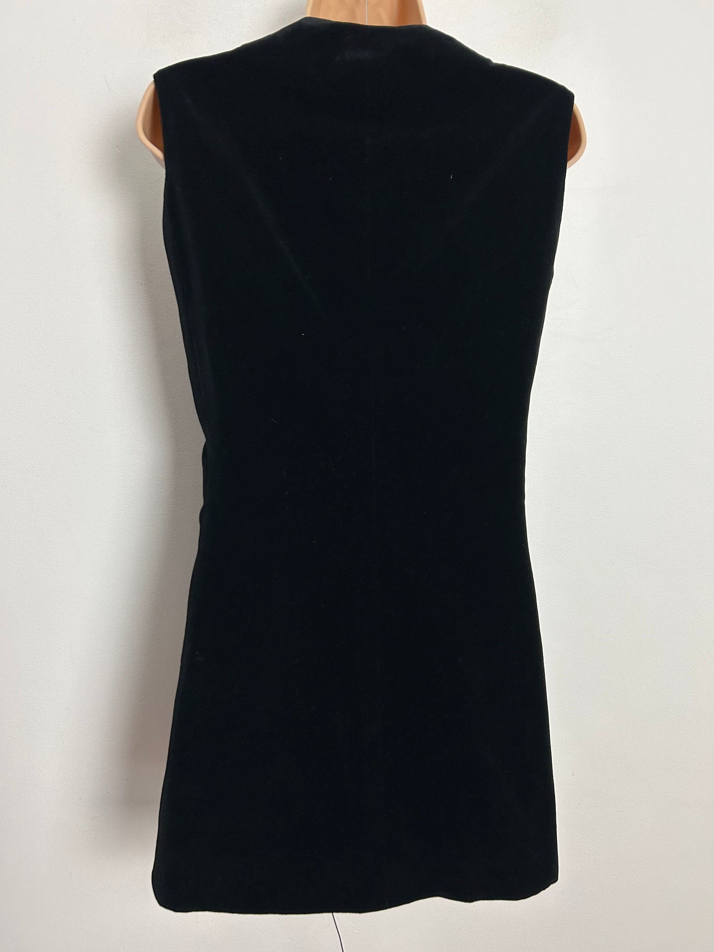 Vintage 1960s UK Size 8-10 Black Velvet Sleeveless Diamante Button Mini Mod Shift Dress