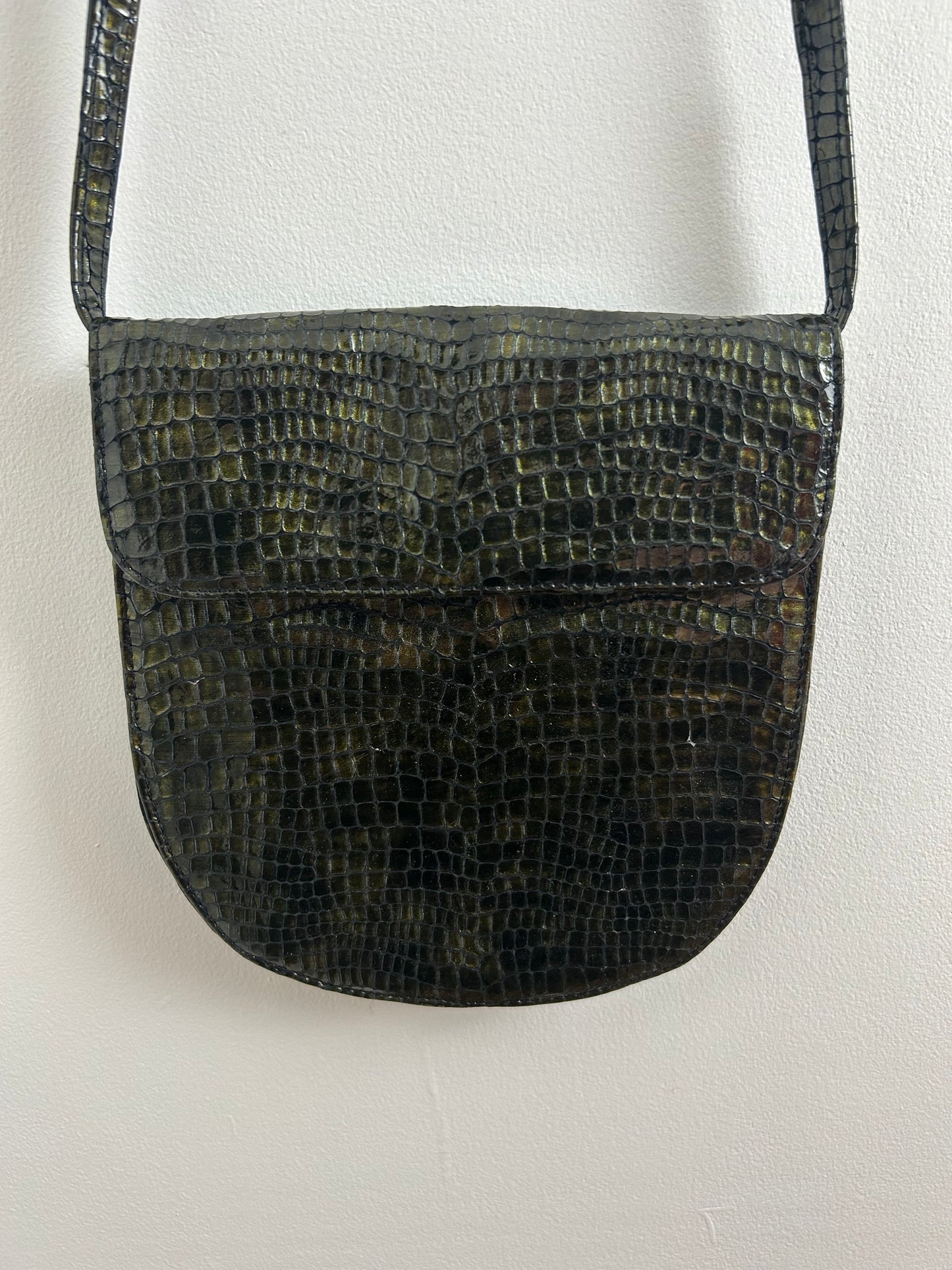Vintage 1980s Cute Little Very Dark Green Mock Reptile Skin Shoulder Bag
