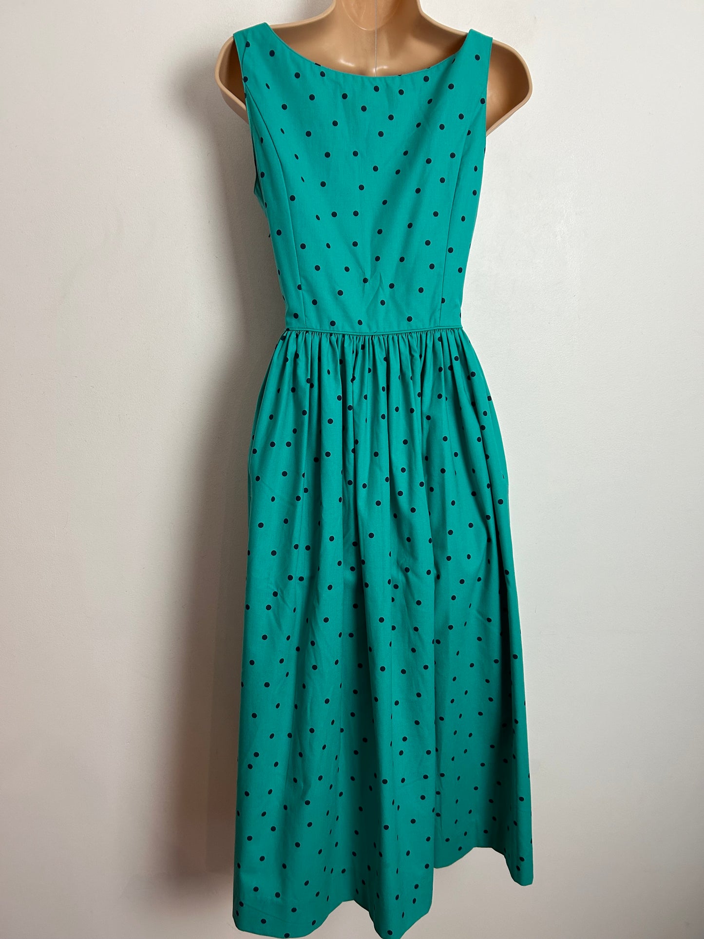 Vintage 80s LAURA ASHLEY UK Size 6-8 (Size 10 On Label) Green & Black Polka Dot Print Cotton Dress & Matching Bolero Jacket