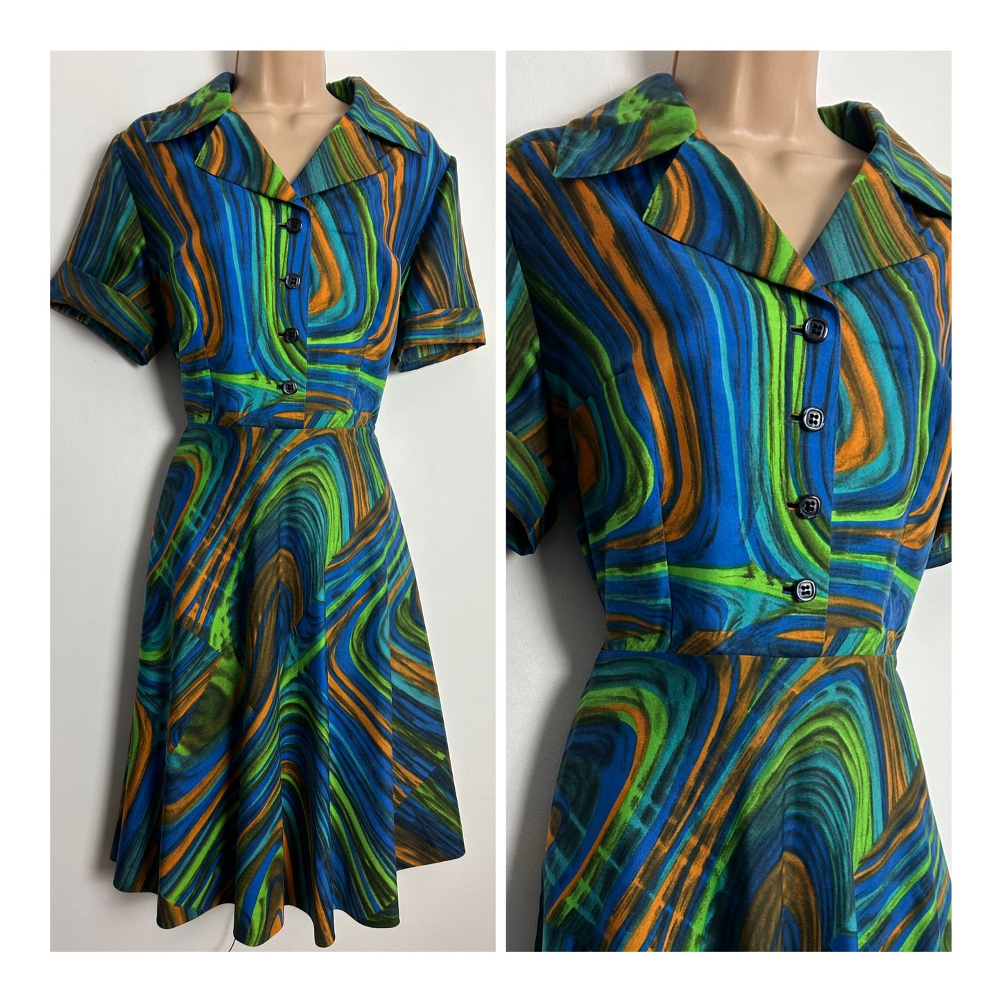 Vintage Late 1960s UK Size 14 Blue Green & Orange Stripe Print Short Sleeve Fit & Flare Dress