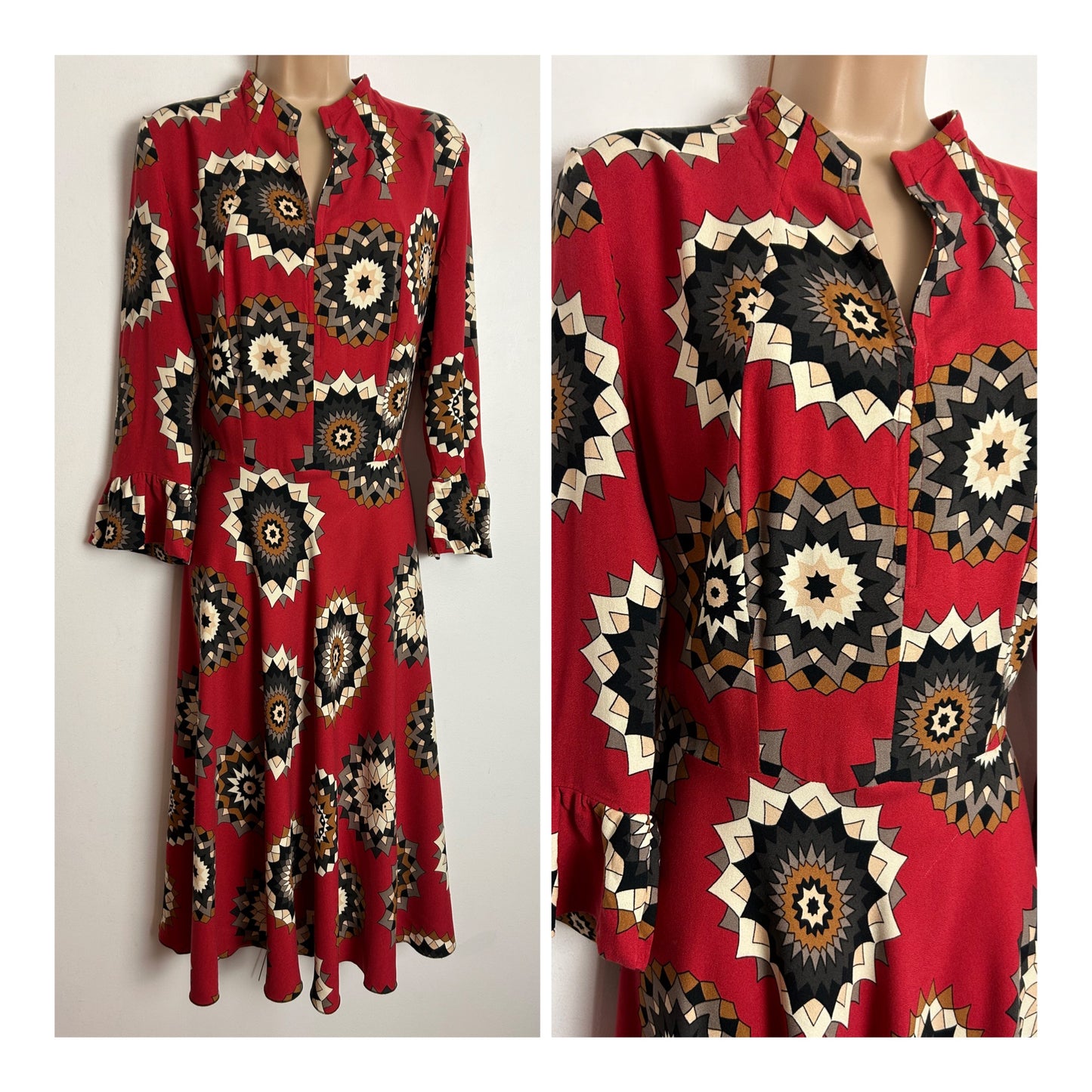Vintage 1970s UK Size 14 Red Grey Brown & White Abstract Mandela Print Long Sleeve Rayon Dress