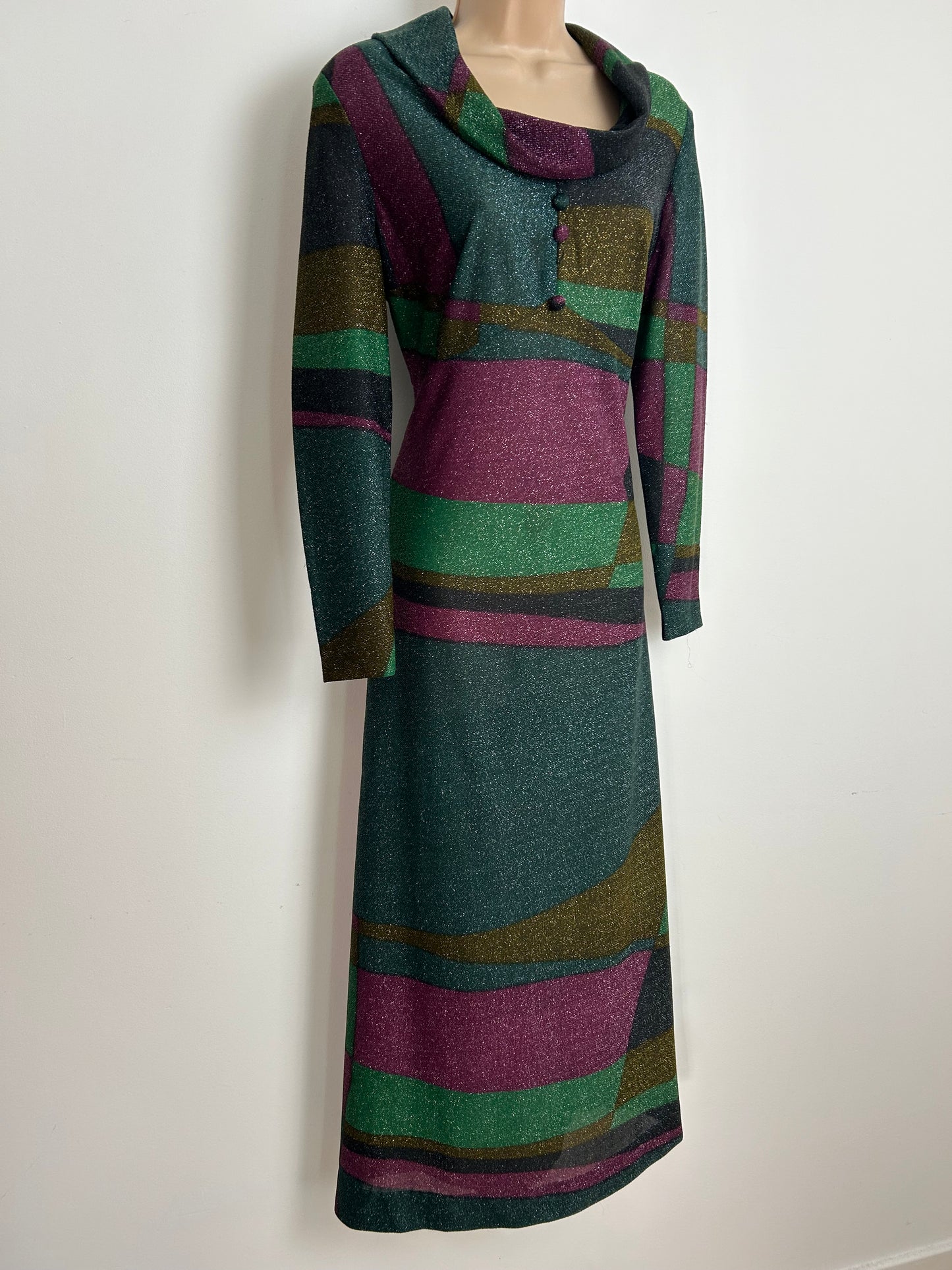 Vintage 1970s MARY WILSON Size 12 Green & Purple Stripe Lurex Long Sleeve Maxi Dress