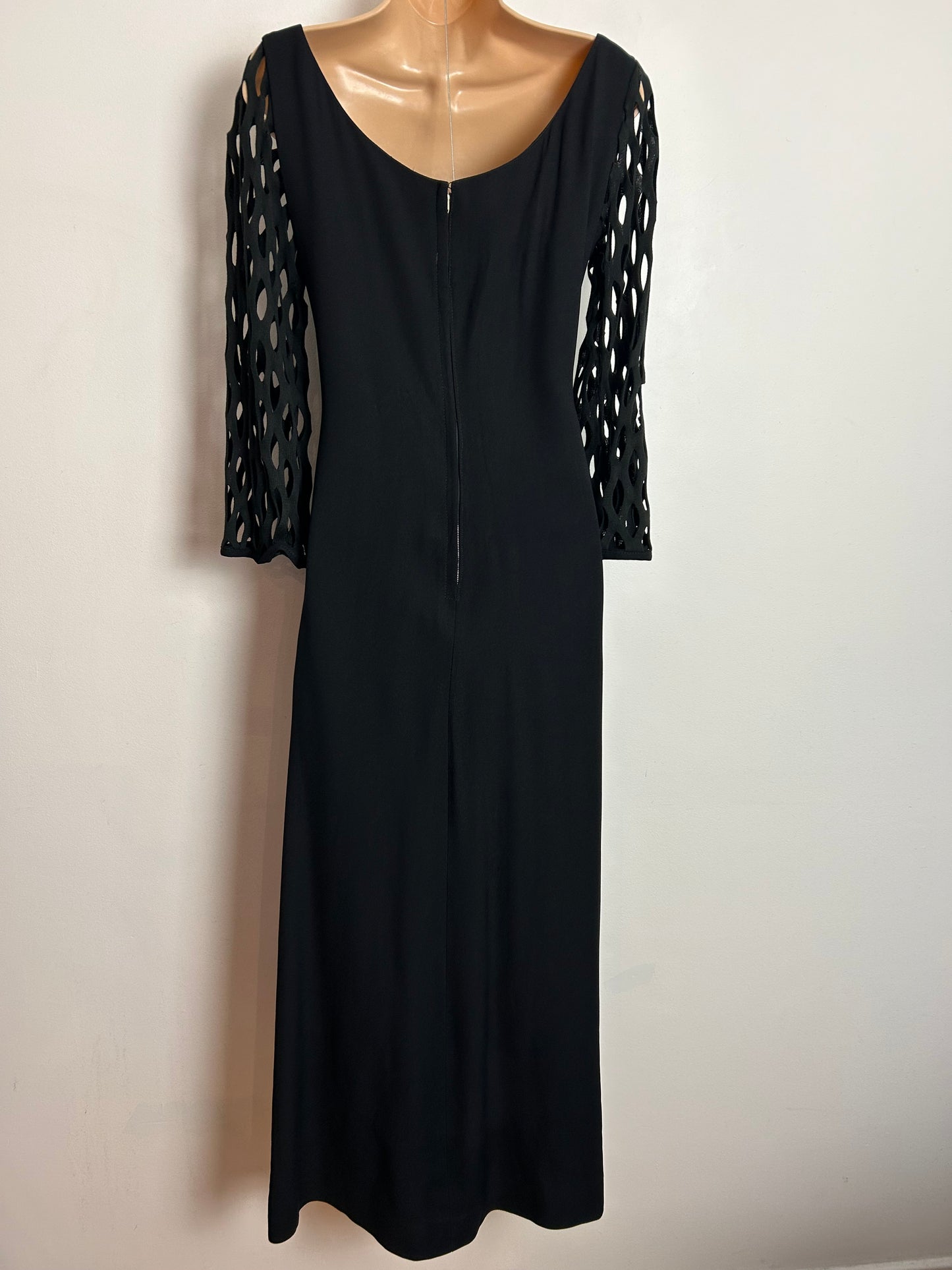 Vintage 1960s SEVENTH AVENUE UK Size 10-12 Black Cut Out Long Sleeve Detail Occasion Maxi Dress
