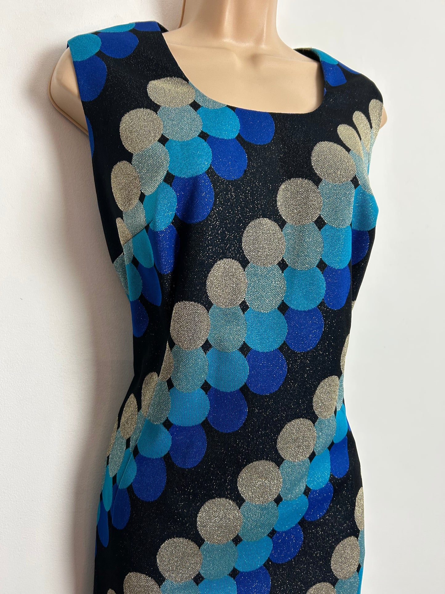 Vintage 1970s UK Size 12-14 Black Blue Silver & Gold Lurex Circle Print Sleeveless Colum Occasion Evening Maxi Dress