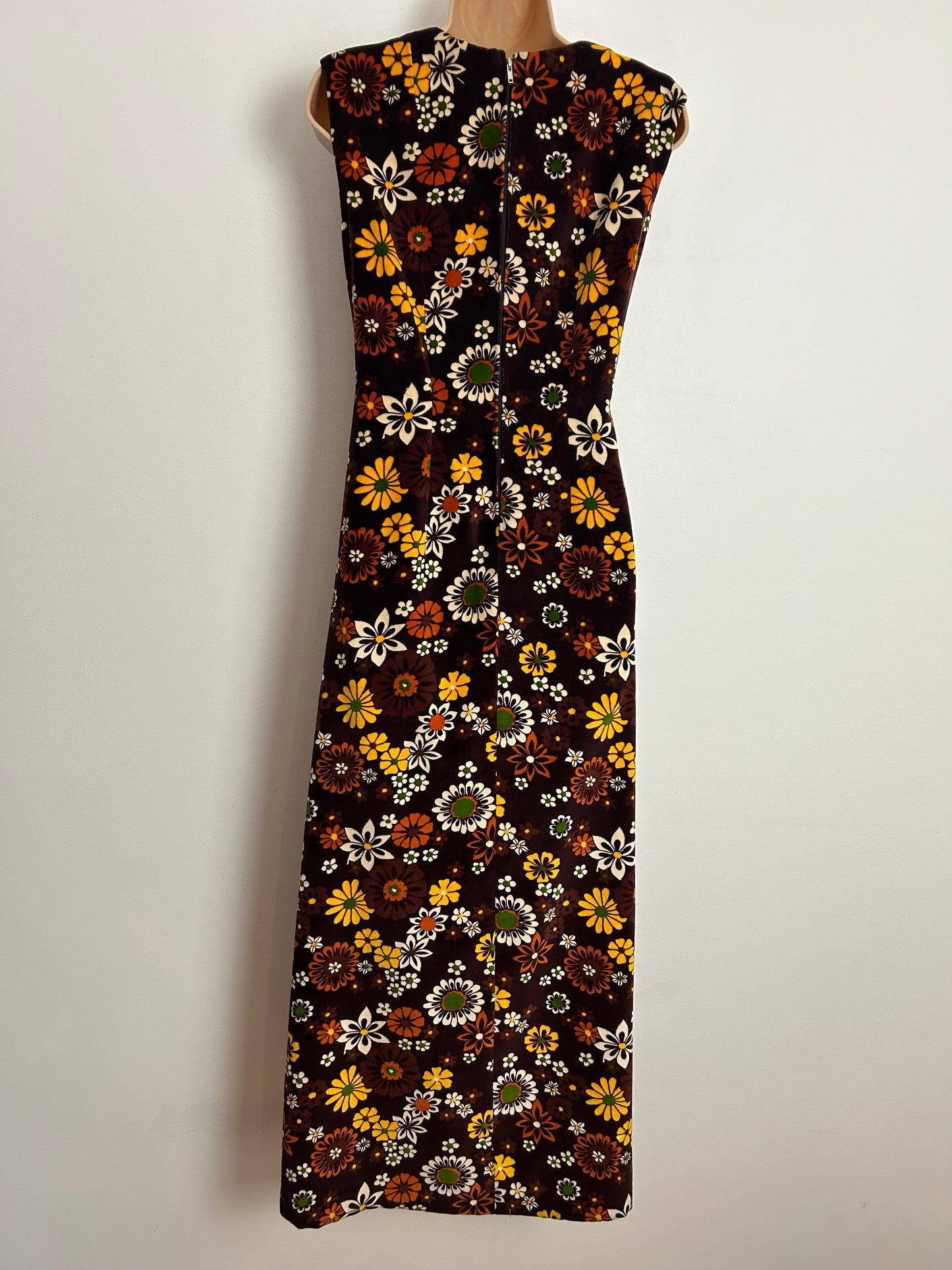 Vintage 1970s UK Size 12 Gorgeous Brown Yellow Rust & White Floral Print Velvet Maxi Dress