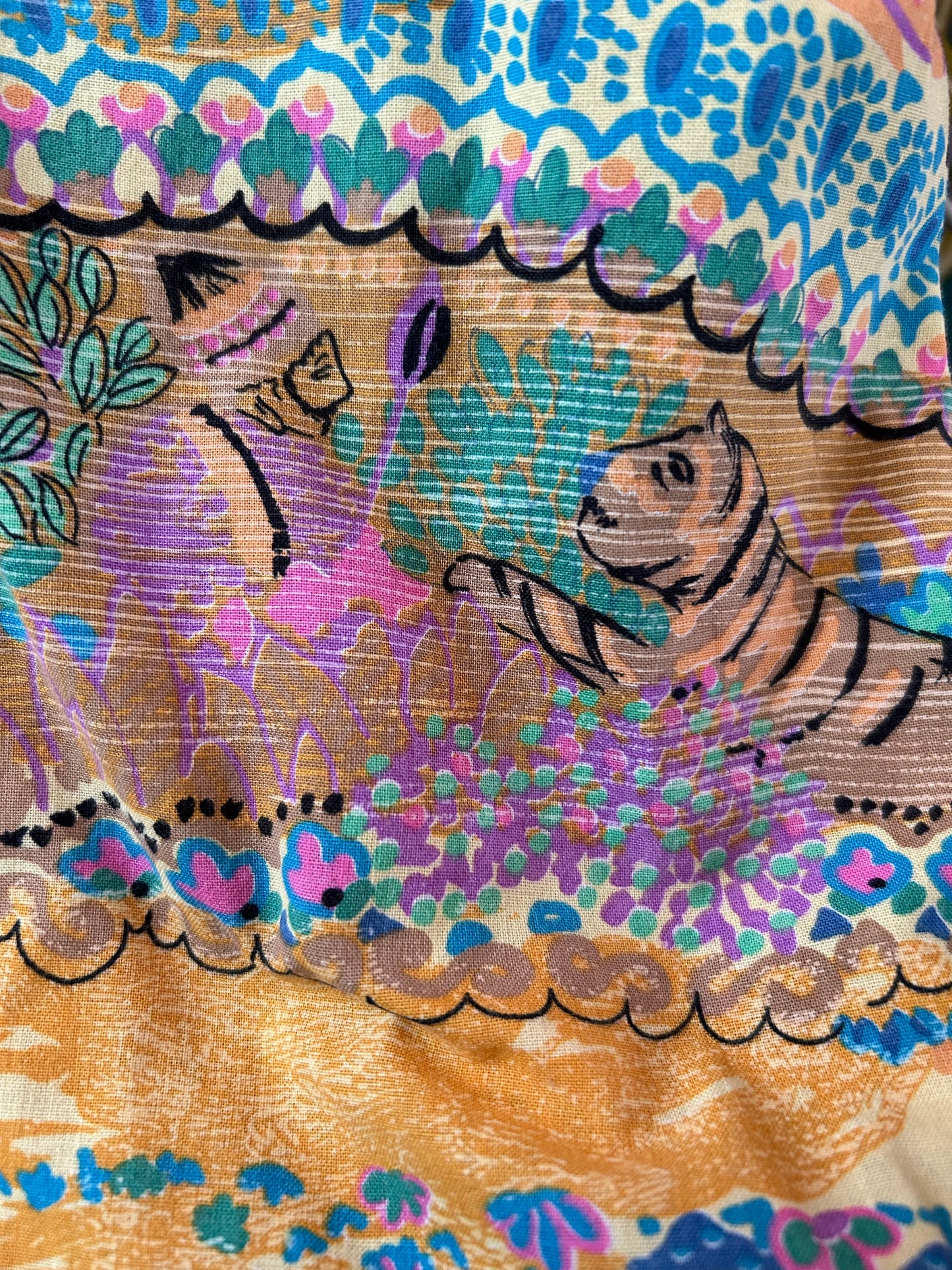 Vintage Late 1970s/Early 80s DURA Size 12 Beige Blue Pink Green & Orange Novelty Print Secret Garden Print Cotton Dress