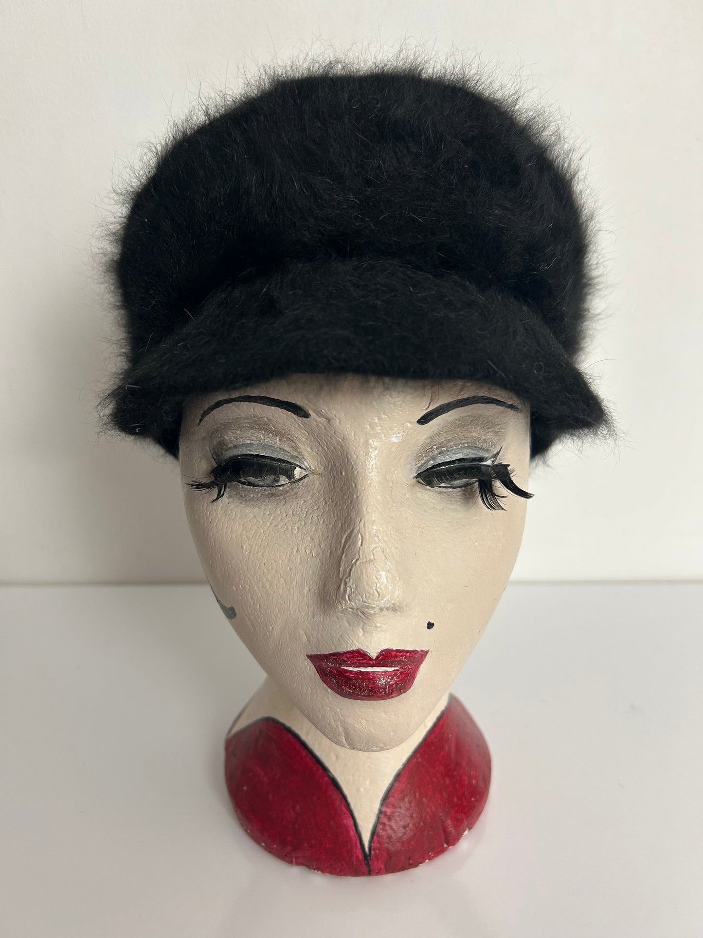 Vintage 1960s MAYSER MILZ Black Angora & Wool Mix Baker Boy Style Hat