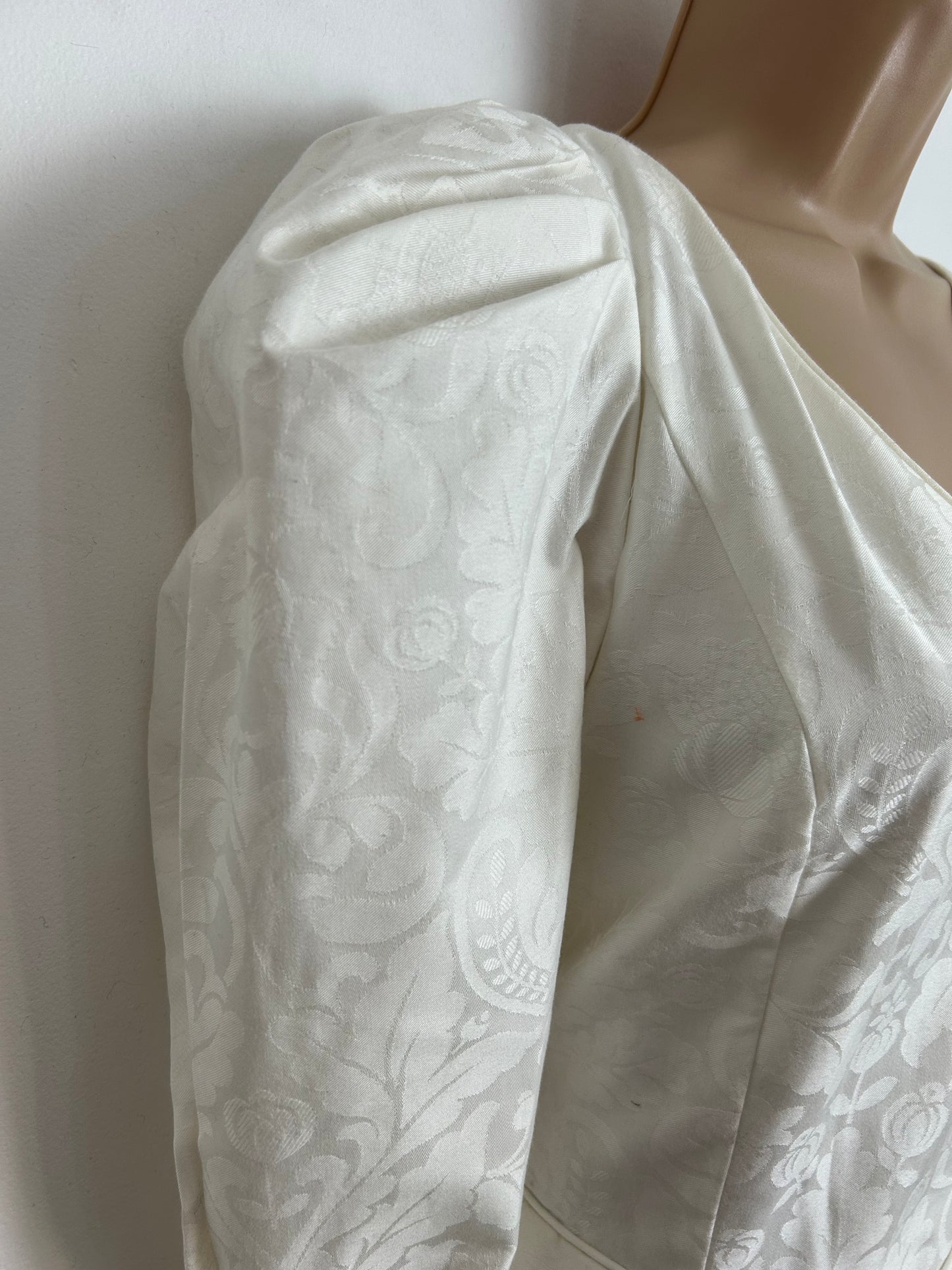 Vintage 1980s LAURA ASHLEY Size 8 (Size 12 On Label) Cream Damask Leg Of Mutton Sleeve Wedding Dress