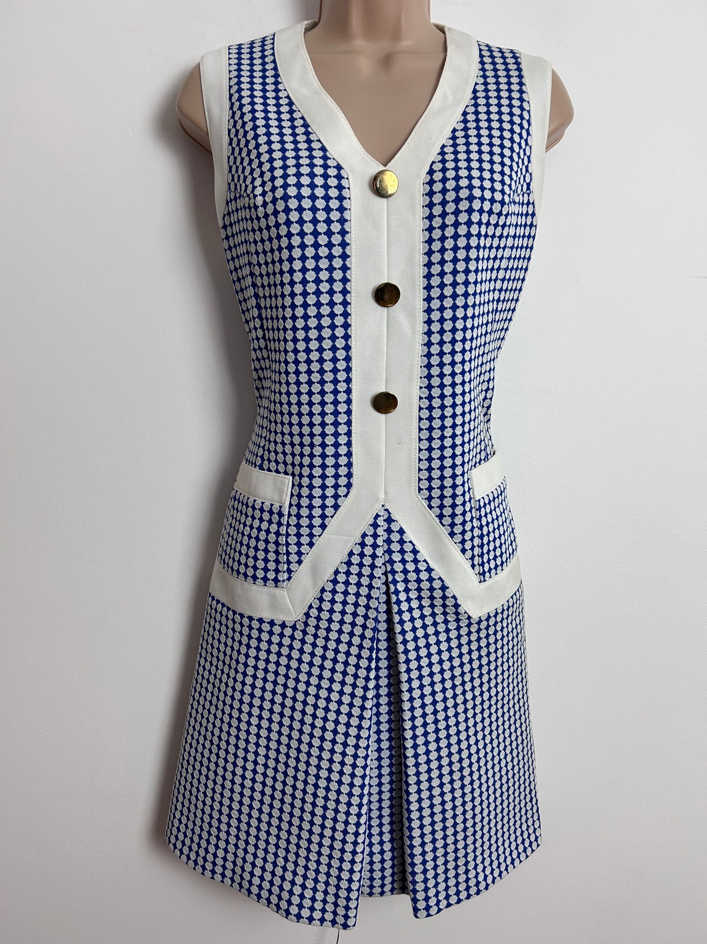 Vintage 1960s UK Size 10 LUCIE LINDEN Blue & White Abstract Pattern Sleeveless Mod Shift Dress