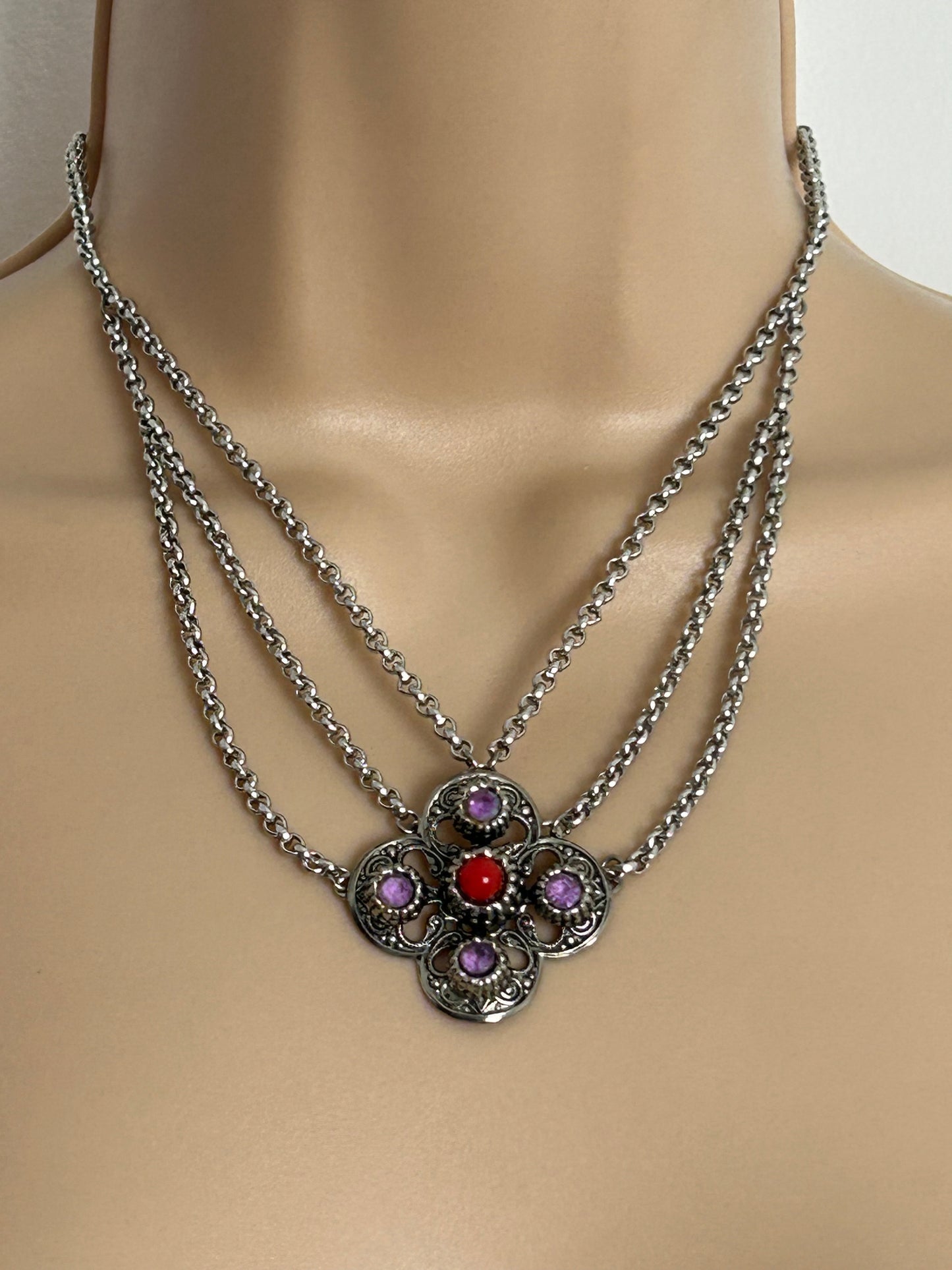 Vintage Silver Tone Base Metal Lilac & Red Stone Set Triple Chain Scottish Celtic Style Necklace