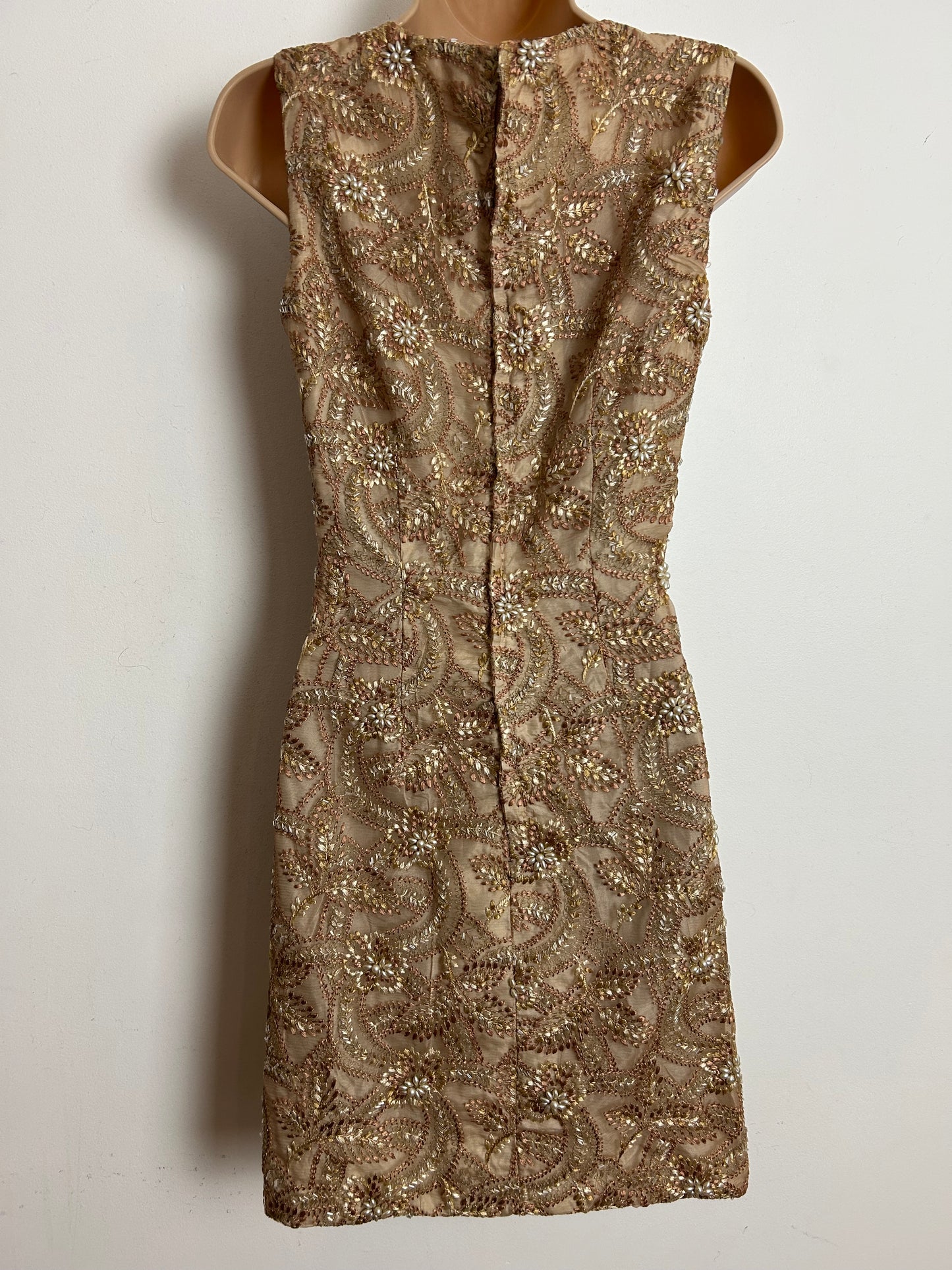 Vintage 1960s Size 6-8 Beige Silver & Gold Embroidered Bead Detail Evening Party Dress