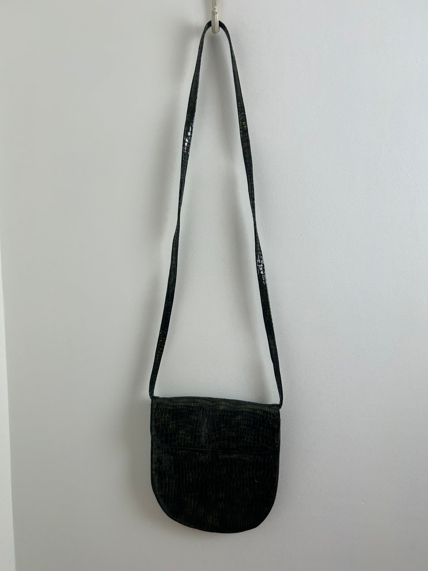 Vintage 1980s Cute Little Very Dark Green Mock Reptile Skin Shoulder Bag