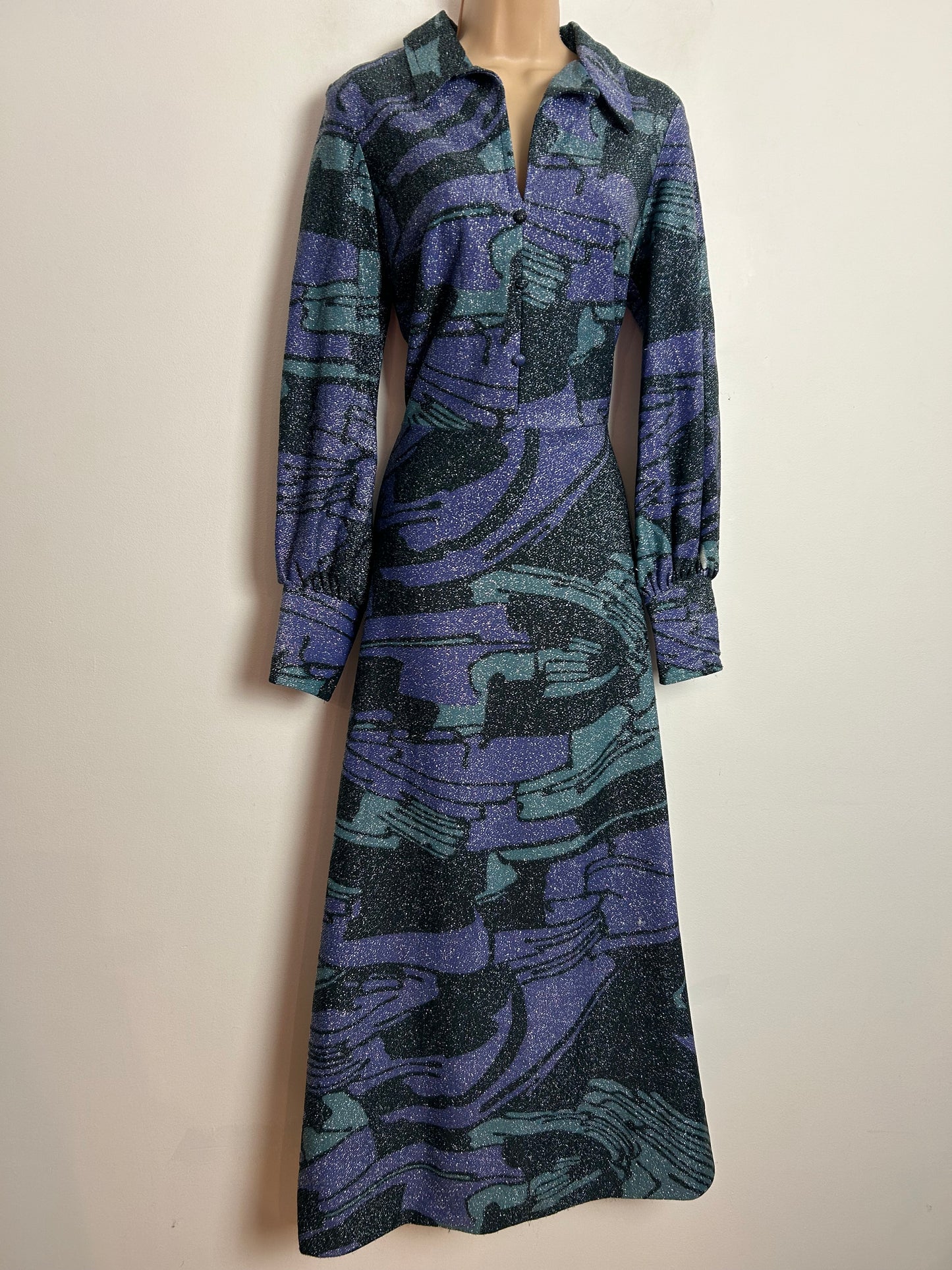 Vintage 1970s UK Size 10-12 Dark Grey Silver & Purple Lurex Abstract Print Long Sleeve Occasion Evening Maxi Dress