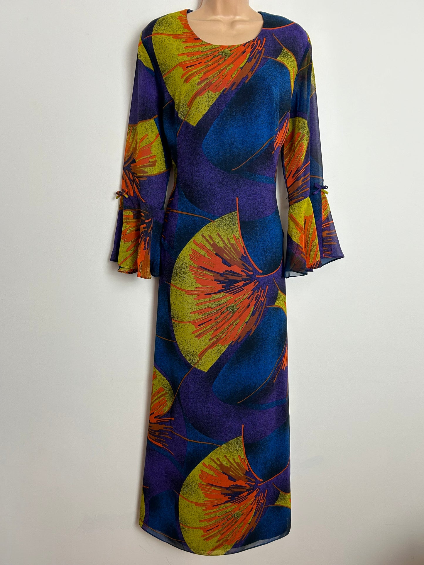 Vintage 1970s SUSAN PETERS UK Size 14-16 Beautiful Purple Blue Orange & Dark Yellow Abstract Print Long Sleeve Maxi Dress