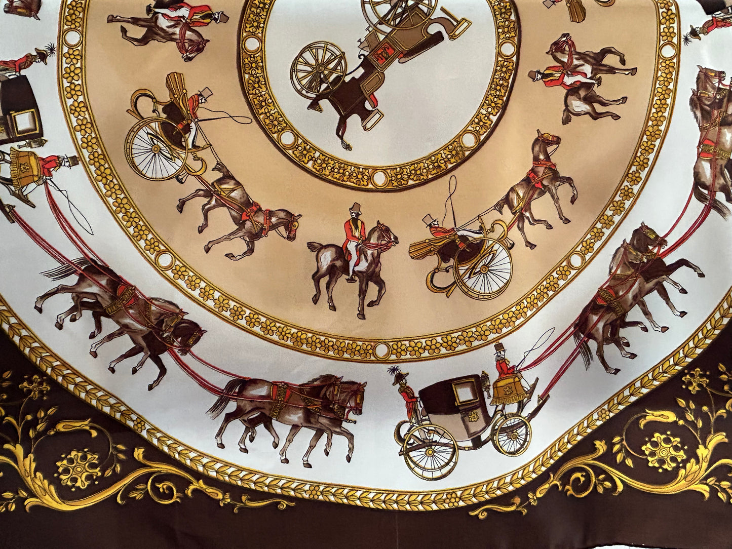 Vintage JS GERMAIN Brown Equestrian Regalia Horse & Carriage Print Scarf 80cm x 78cm