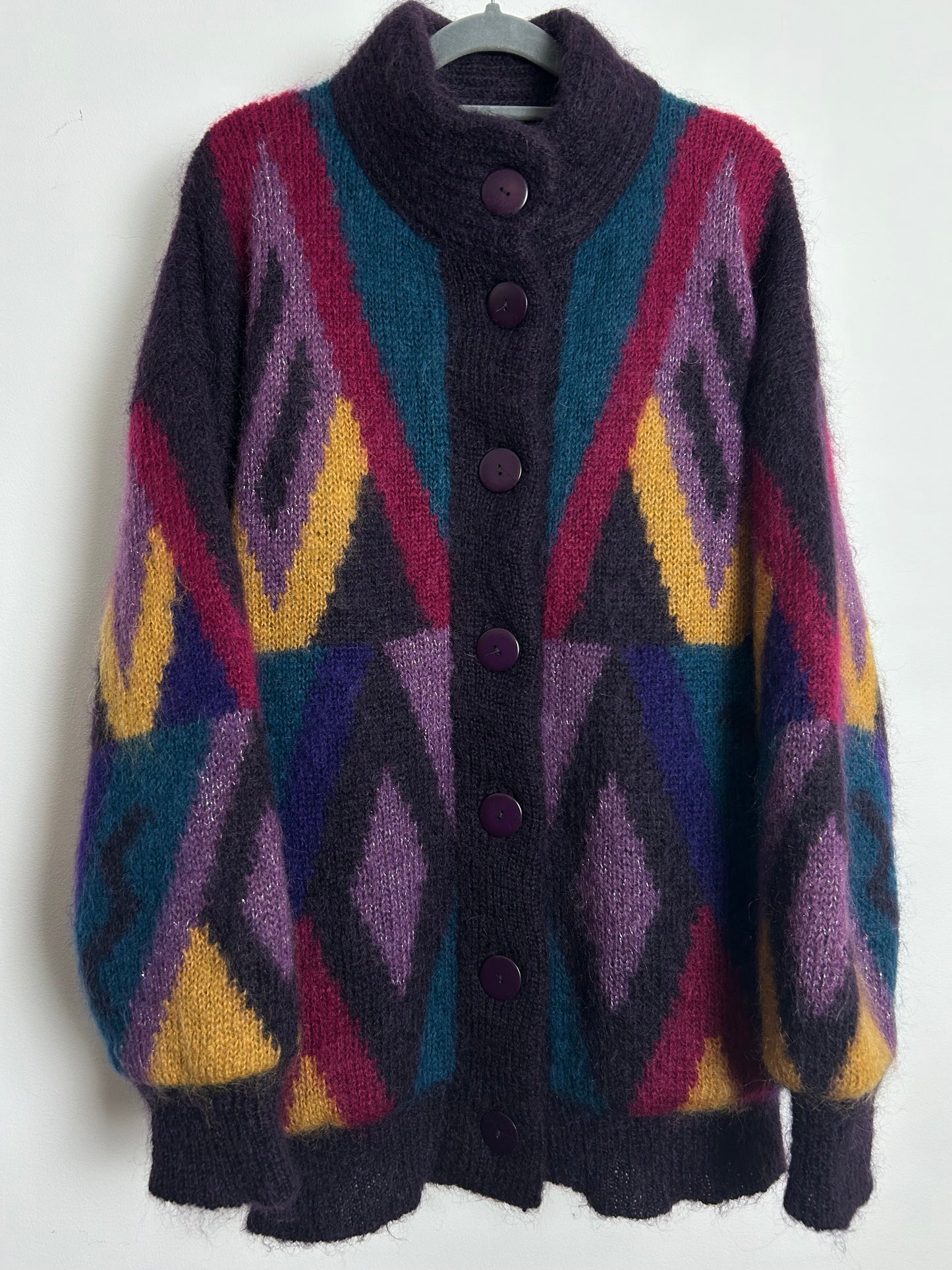 Vintage 1980s YOUR SIXTH SENSE Size XL Oversized Purple Pink Green & Mustard Mohair Mix Chunky Coatigan