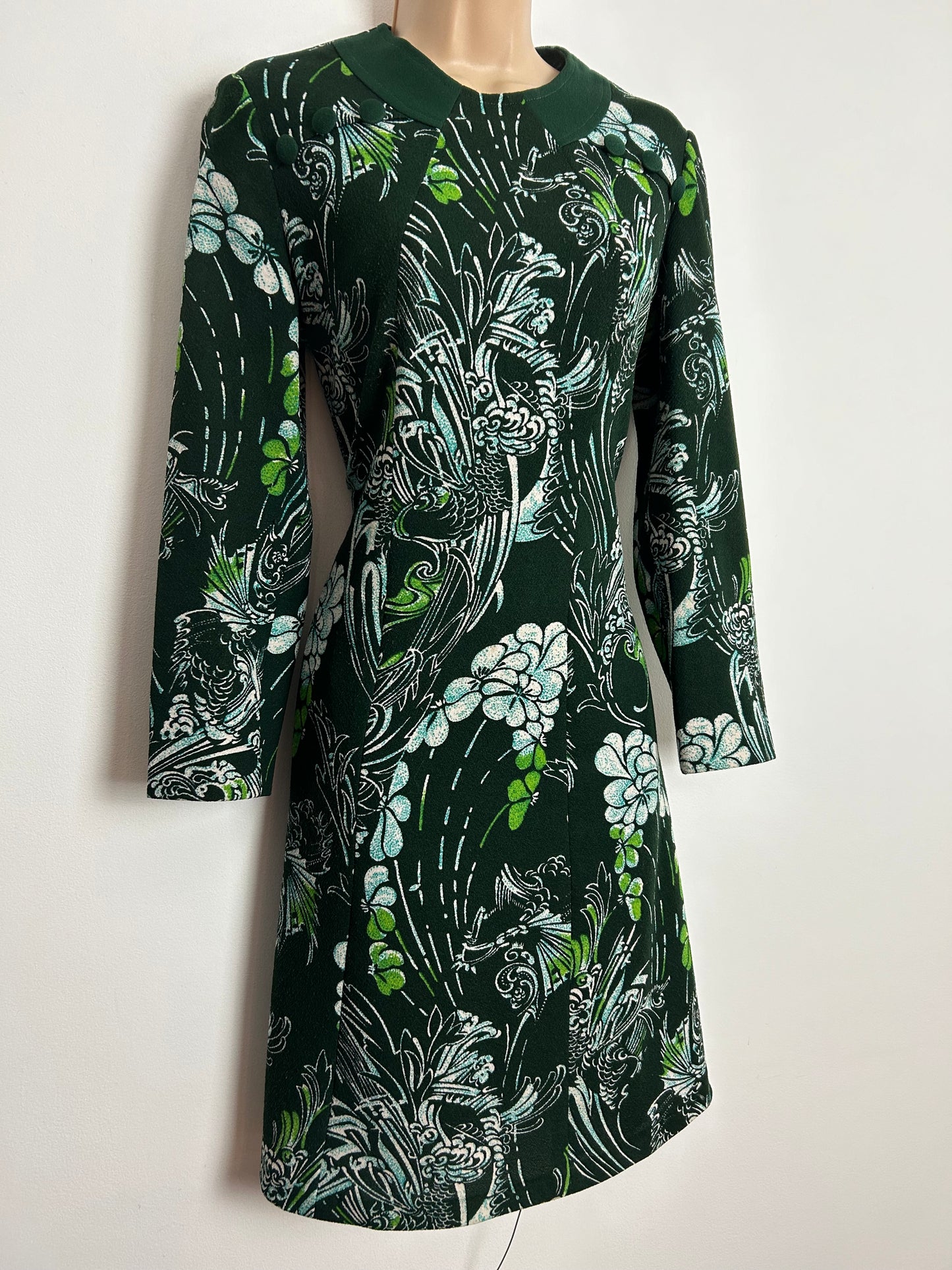 Vintage 1960s UK Size 12 Dark Green Floral Print Long Sleeve Poly Jersey Mod Shift Dress