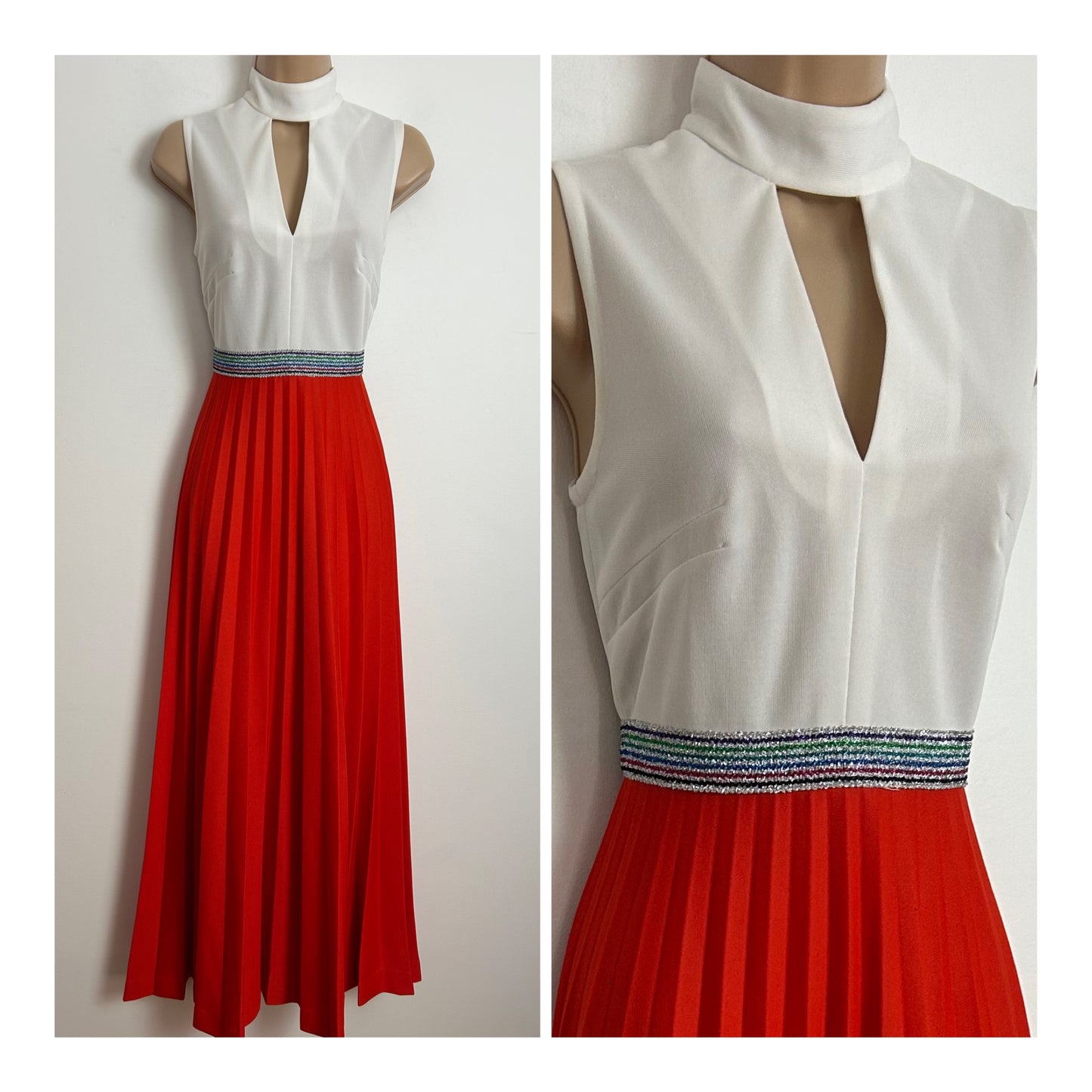 Vintage 1970s Size 6 Orange & White Sleeveless Keyhole Pleated Occasion Maxi Dress