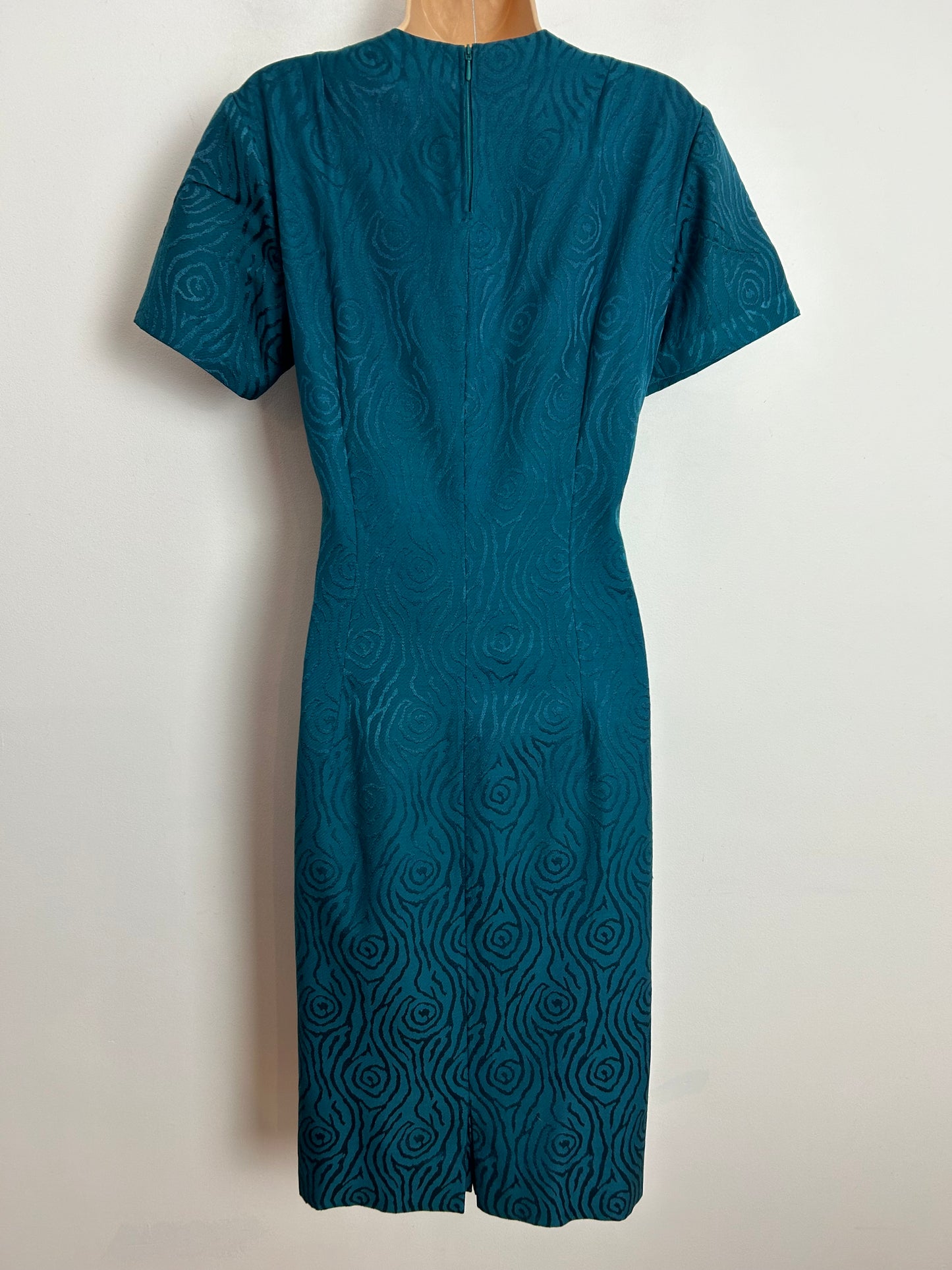 Vintage 1960s UK Size 12 Teal Metallic Abstract Pattern Short Sleeve Mod Shift Dress
