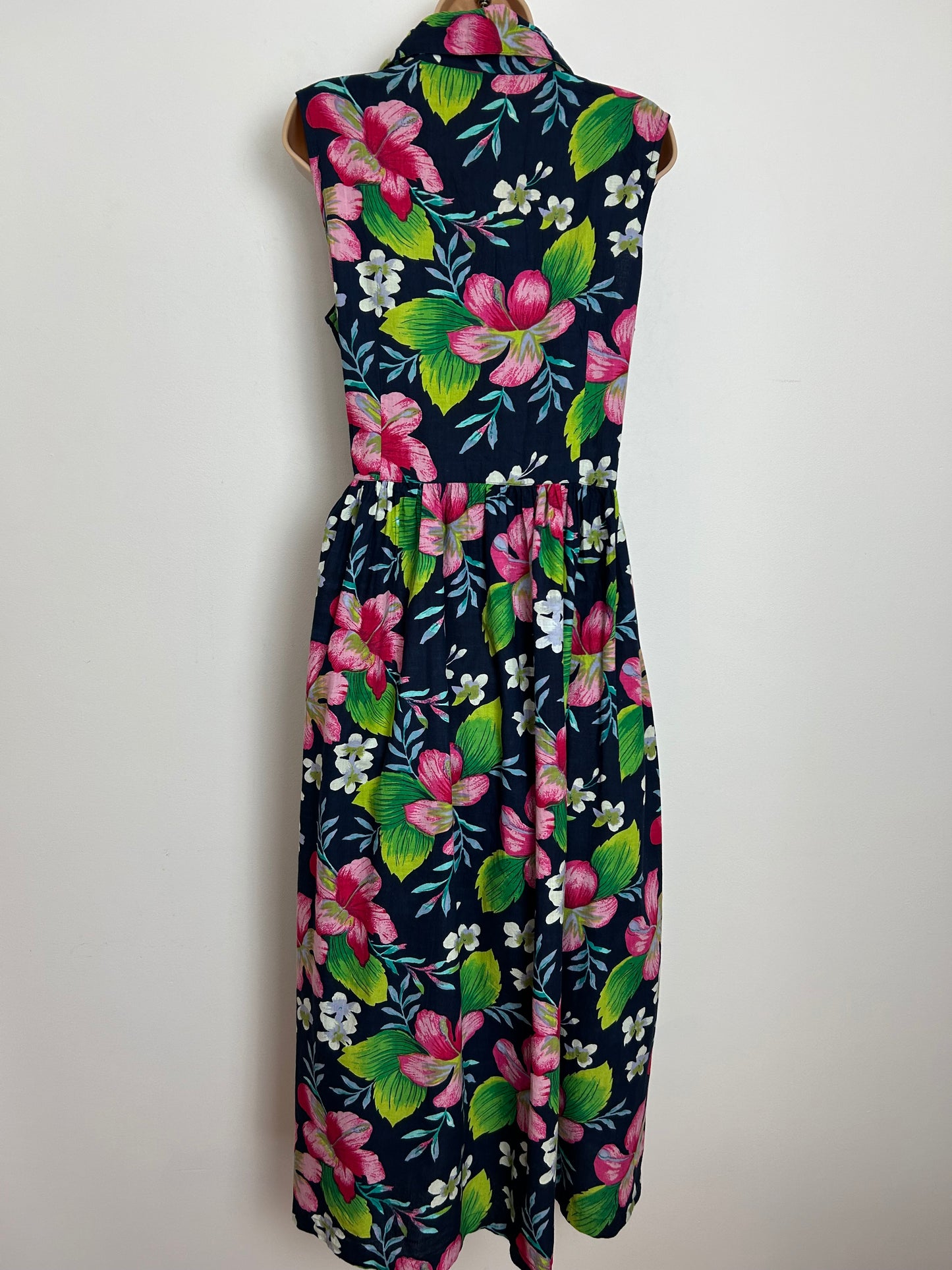 Vintage 1980s STYLED BY SAYBURY Size 12 Navy Blue & Pink Floral Hibiscus Print Cotton Summer Midi Dress