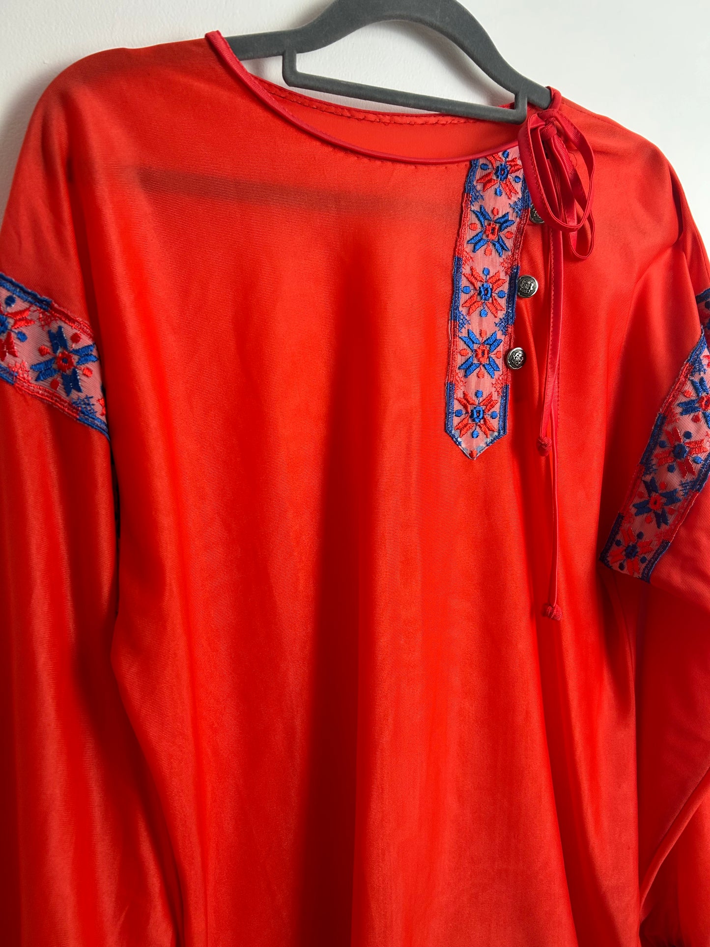 Vintage 1970s Size 12-14 Red Nylon Long Sleeve Embroidered Braid Detail Boho Top