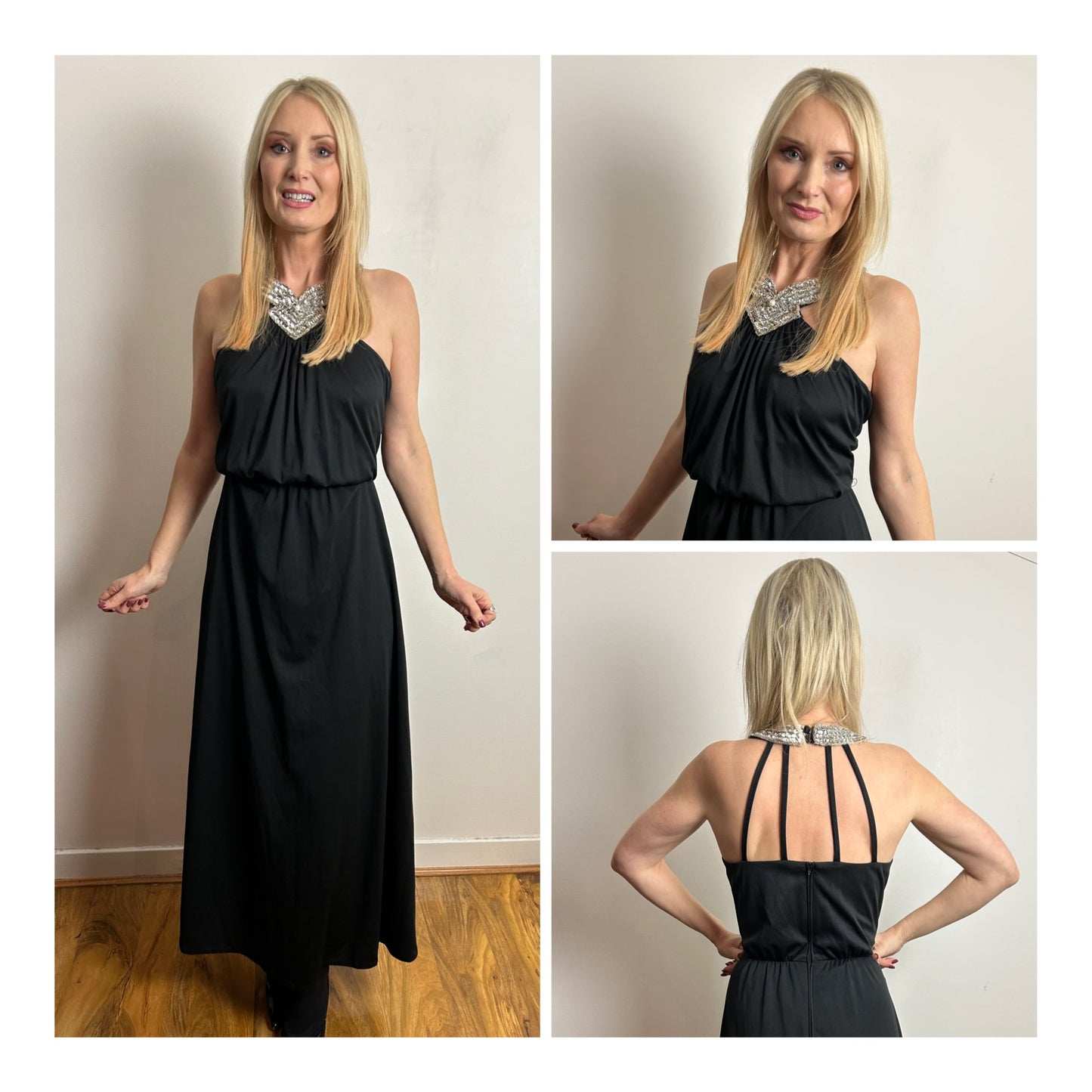 Vintage 1970s UK Size 10 Black Silver Sequin Halterneck Cage Back Evening Maxi Dress