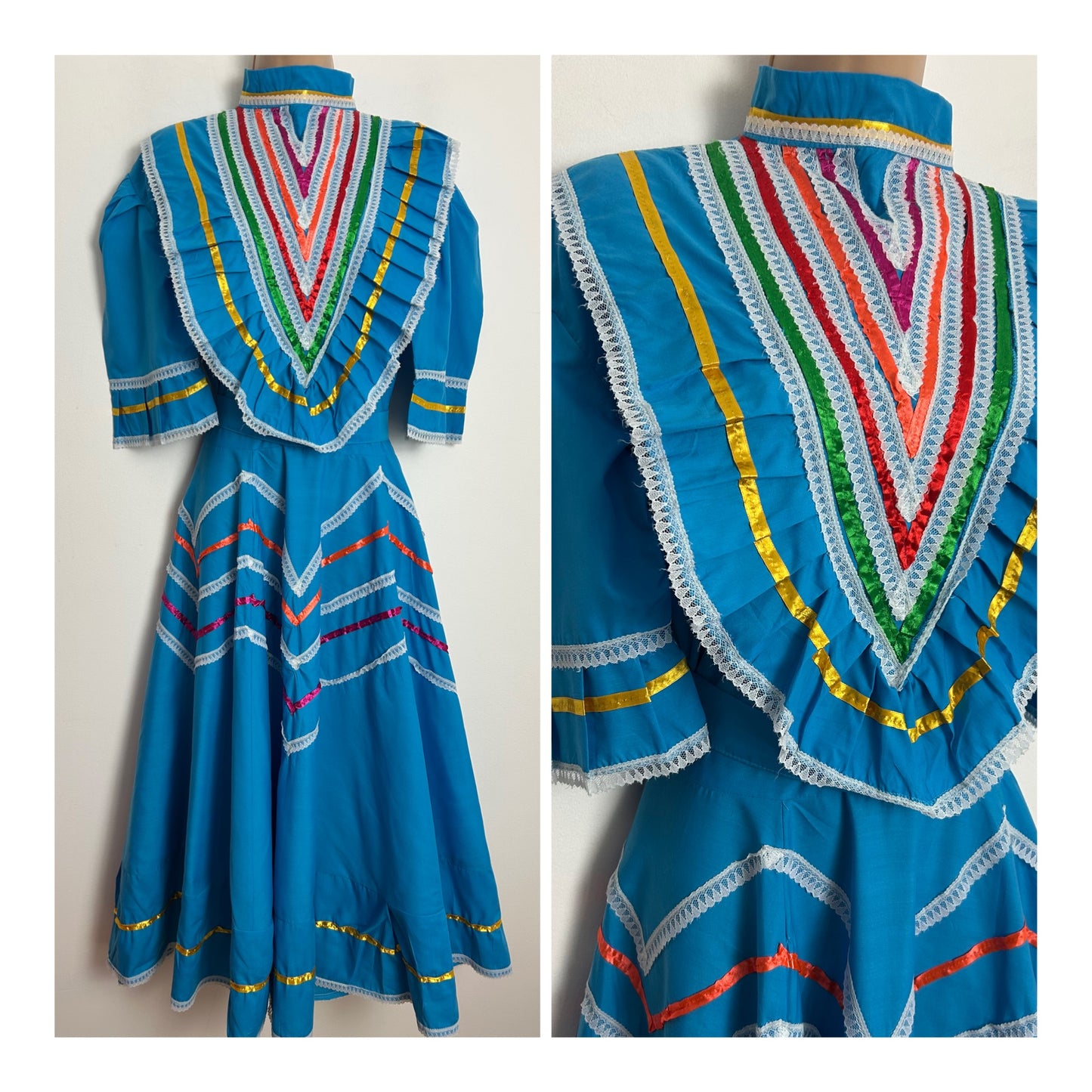 Vintage 1980s CLASSICOS Size 16 Blue Ribbon & Lace Trim Full Circle Mexican Patio Dress