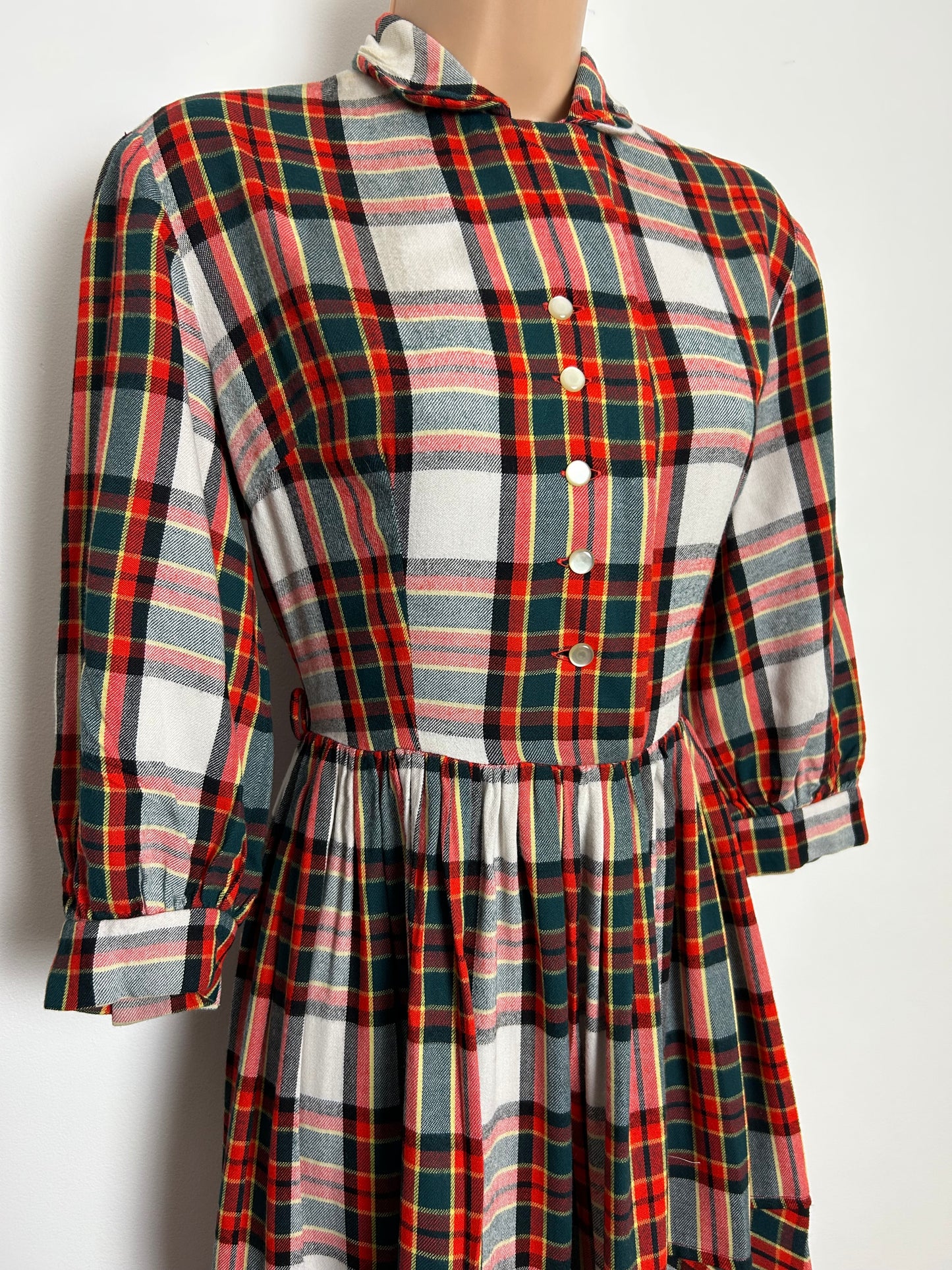 Vintage Late 1950s Size 10 Dark Green Red & White Tartan Check Gather Pleated Day Dress