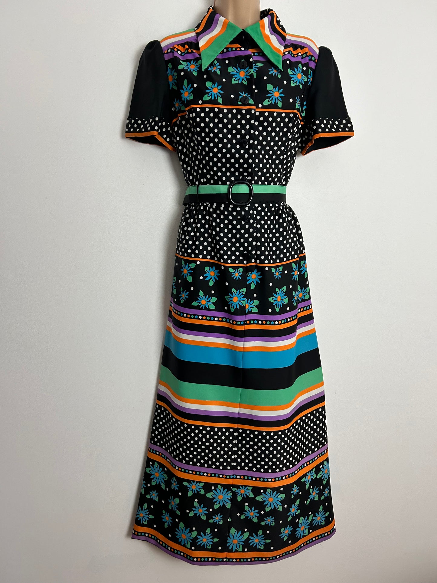 Vintage 1970s LADIES PRIDE UK Size 12-14 Black Green White Orange & Purple Stripe Floral & Polka Dot Print Belted Maxi Dress