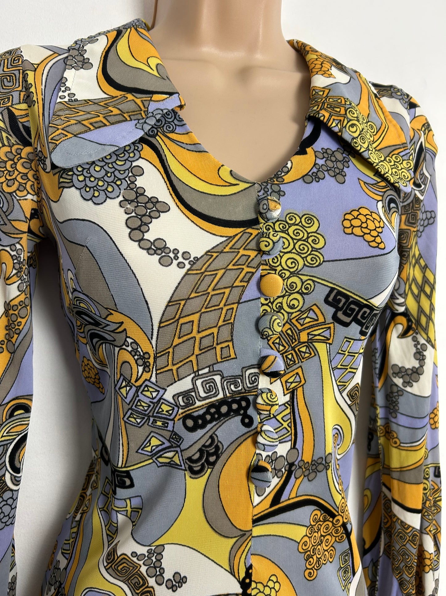 Vintage 1970s CANDA INTERNATIONAL UK Size 6 Grey Yellow Orange & White Psychedelic Print Maxi Dress