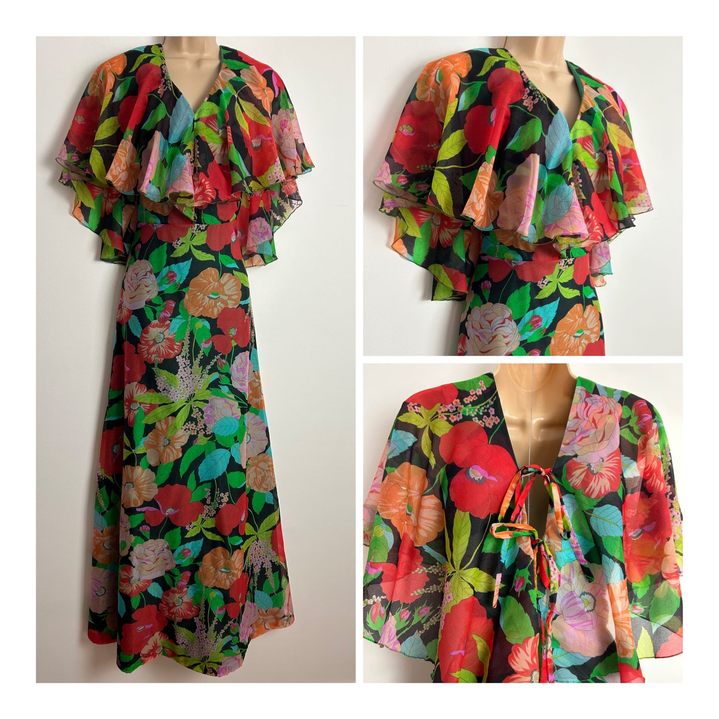 Vintage 1970s JOBI Size 6-8 Stunning Black Red & Green Bold Floral Print Cape Sleeve Boho Maxi Dress