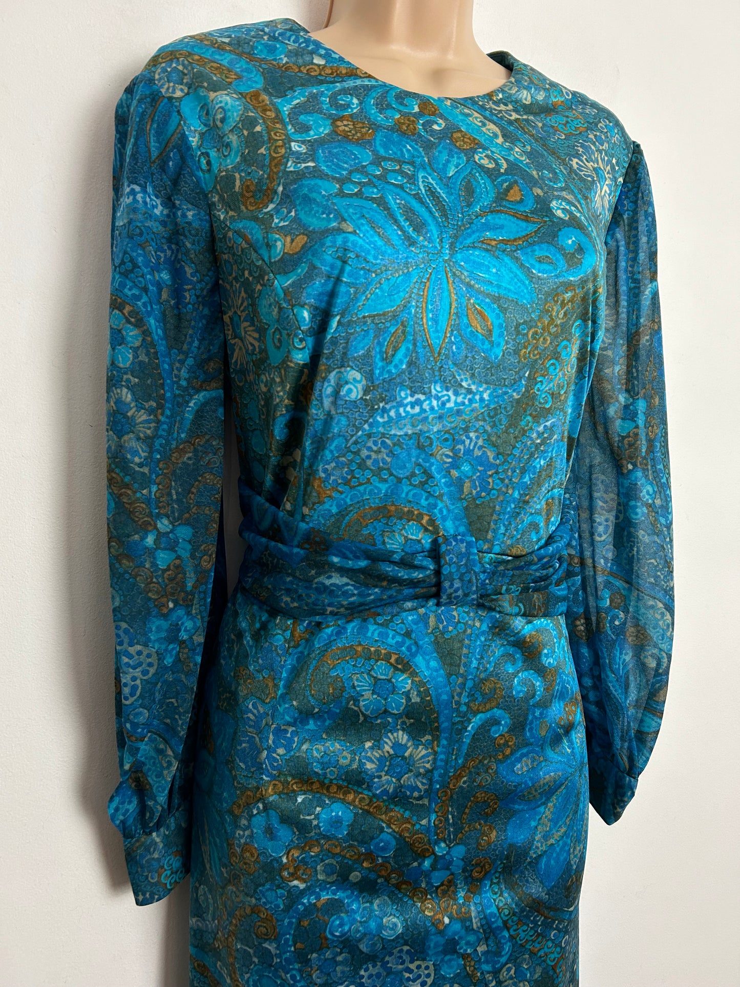 Vintage 1960s SCHWORM MODELL UK Size 14 Blue Tones Floral Print Long Sleeve Dress