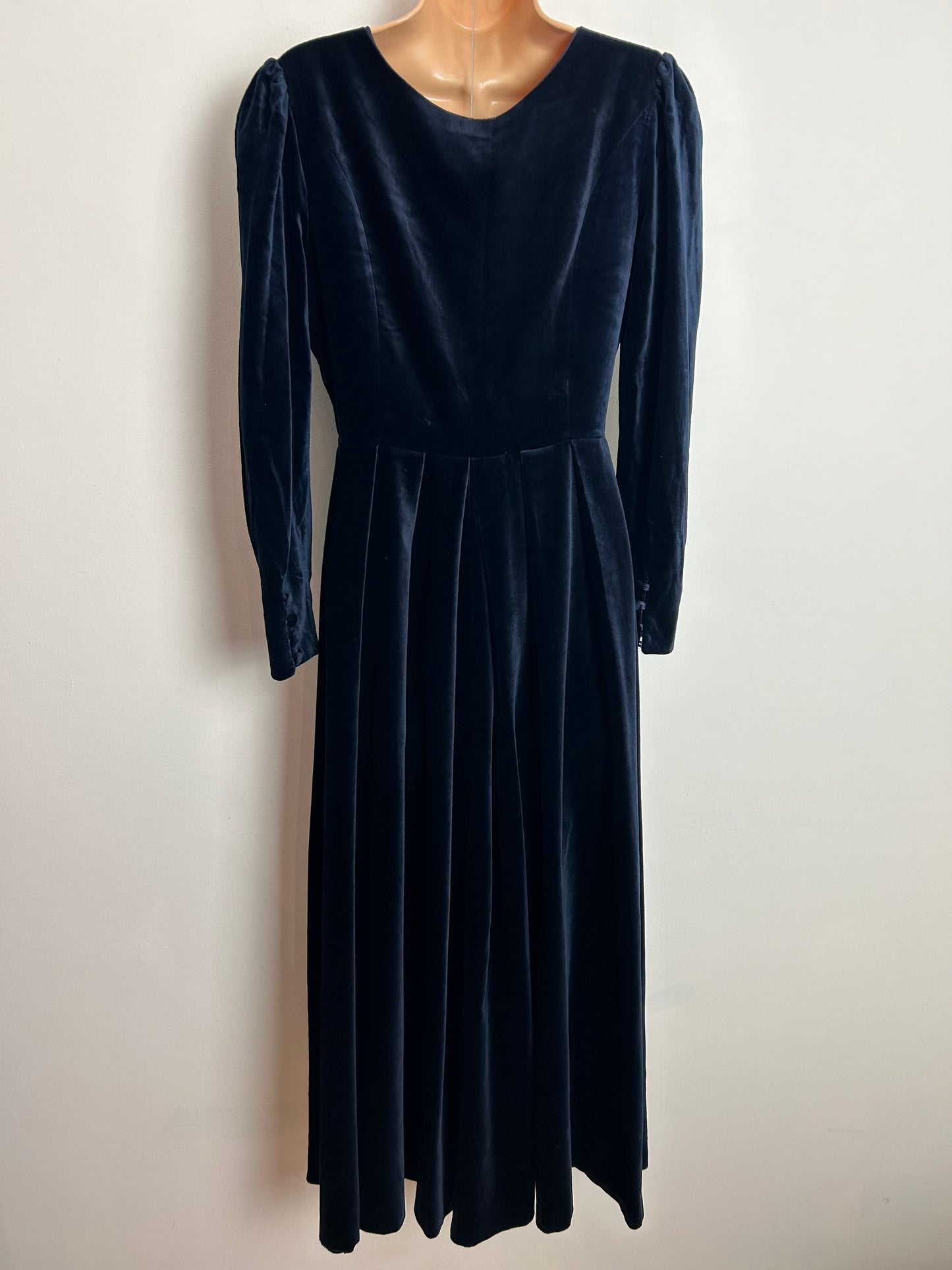 Vintage 1980s LAURA ASHLEY UK Size 8-10 (Size 12 On Label) Dark Blue Velvet Scallop Neck Long Sleeve Dress